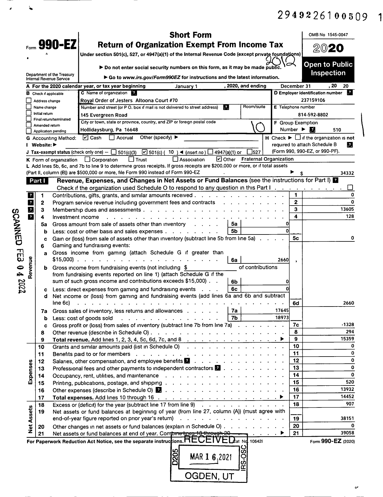 Image of first page of 2020 Form 990EO for ROYAL ORDER OF JESTERS - 070 Altoona Court