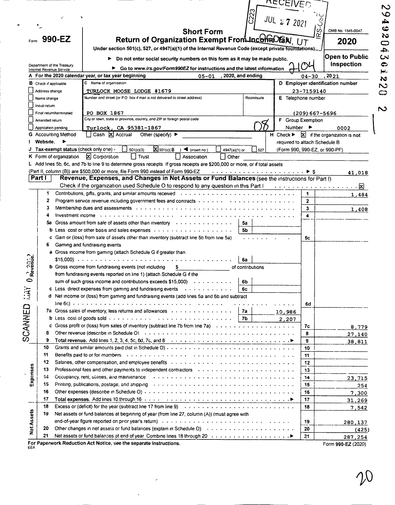 Image of first page of 2020 Form 990EO for Loyal Order of Moose - 1679