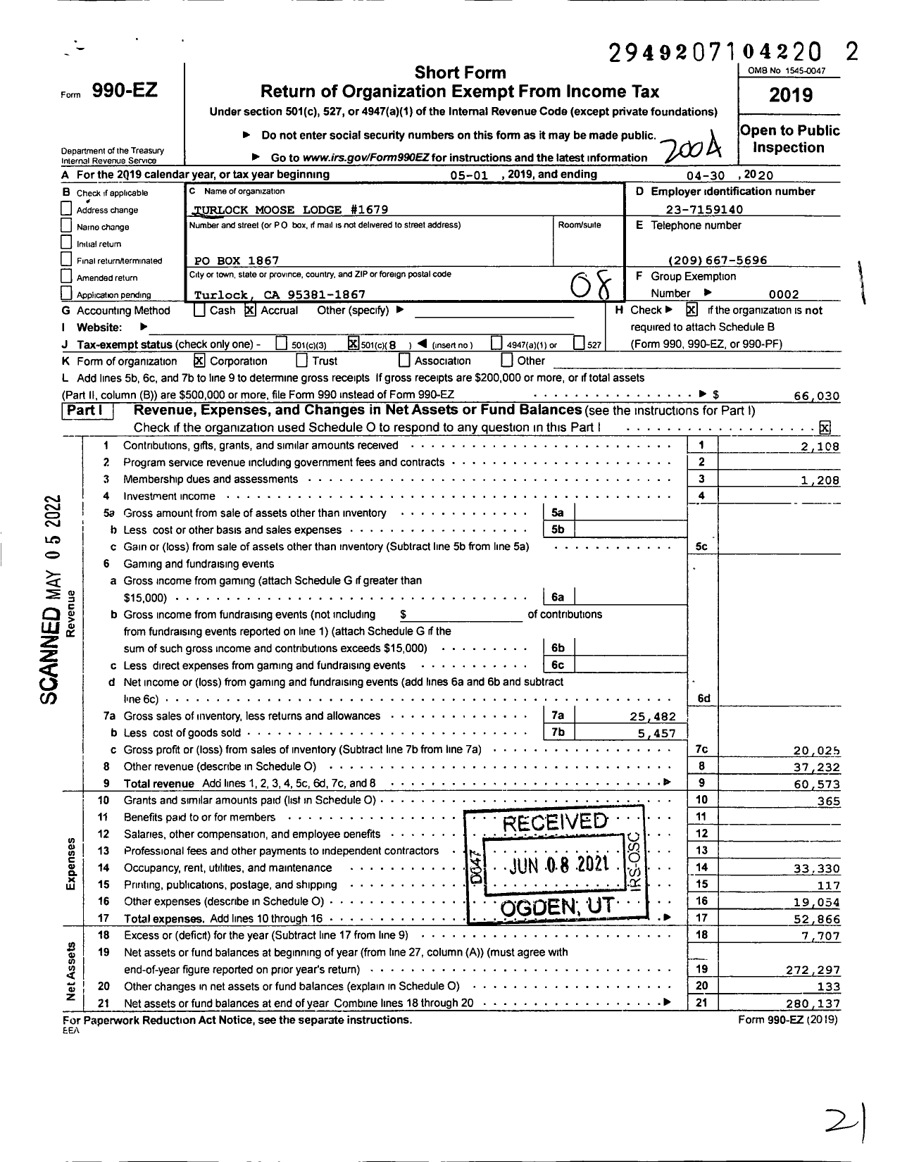 Image of first page of 2019 Form 990EO for Loyal Order of Moose - 1679