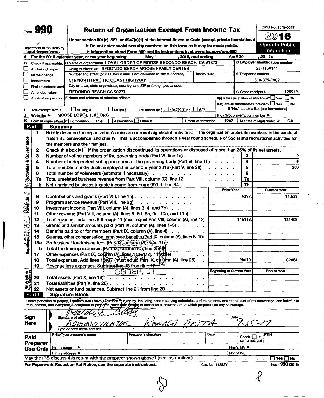 Image of first page of 2015 Form 990O for Loyal Order of Moose - Redondo Beach Moose Family Center