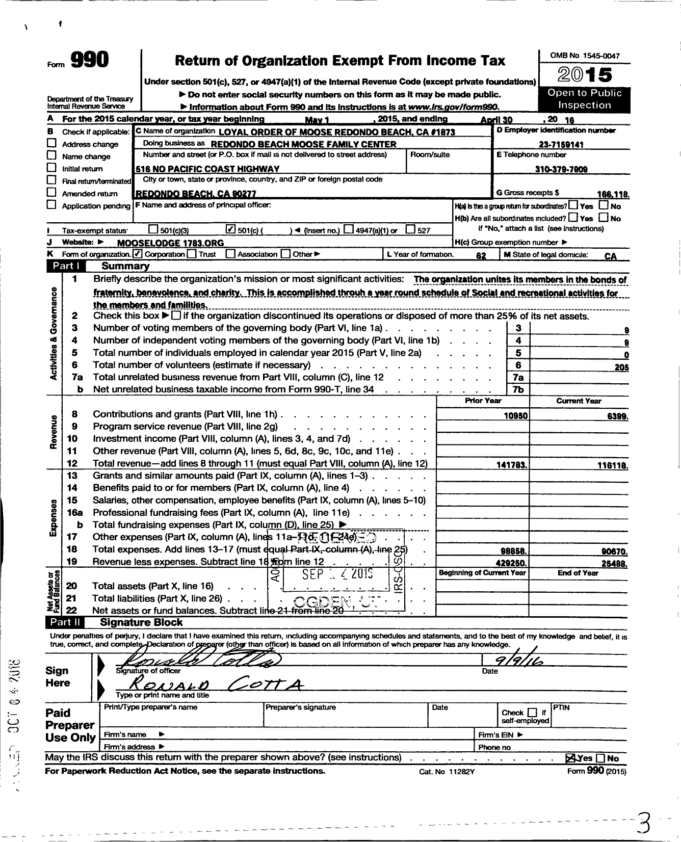 Image of first page of 2015 Form 990O for Loyal Order of Moose - Redondo Beach Moose Family Center