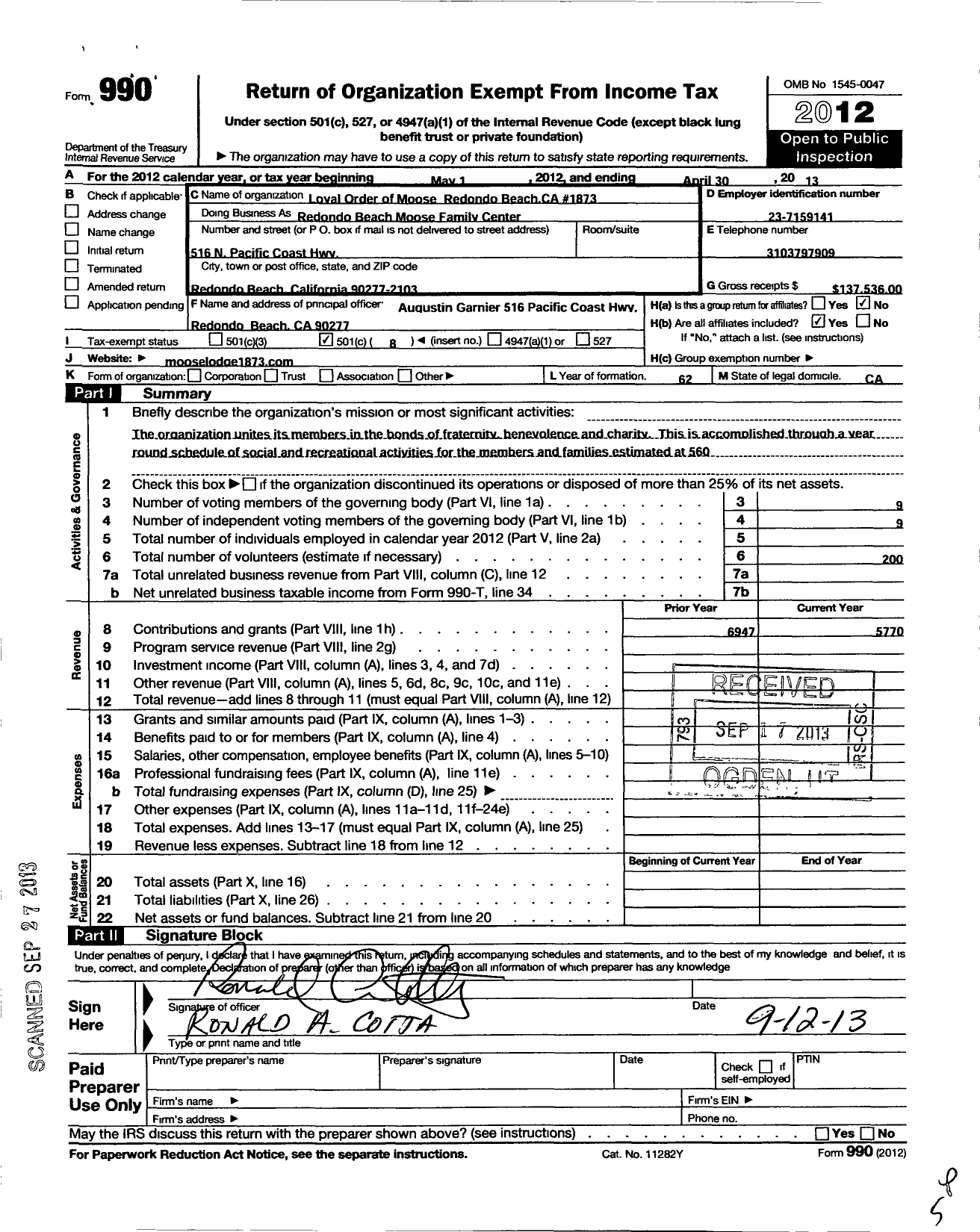 Image of first page of 2012 Form 990O for Loyal Order of Moose - Redondo Beach Moose Family Center