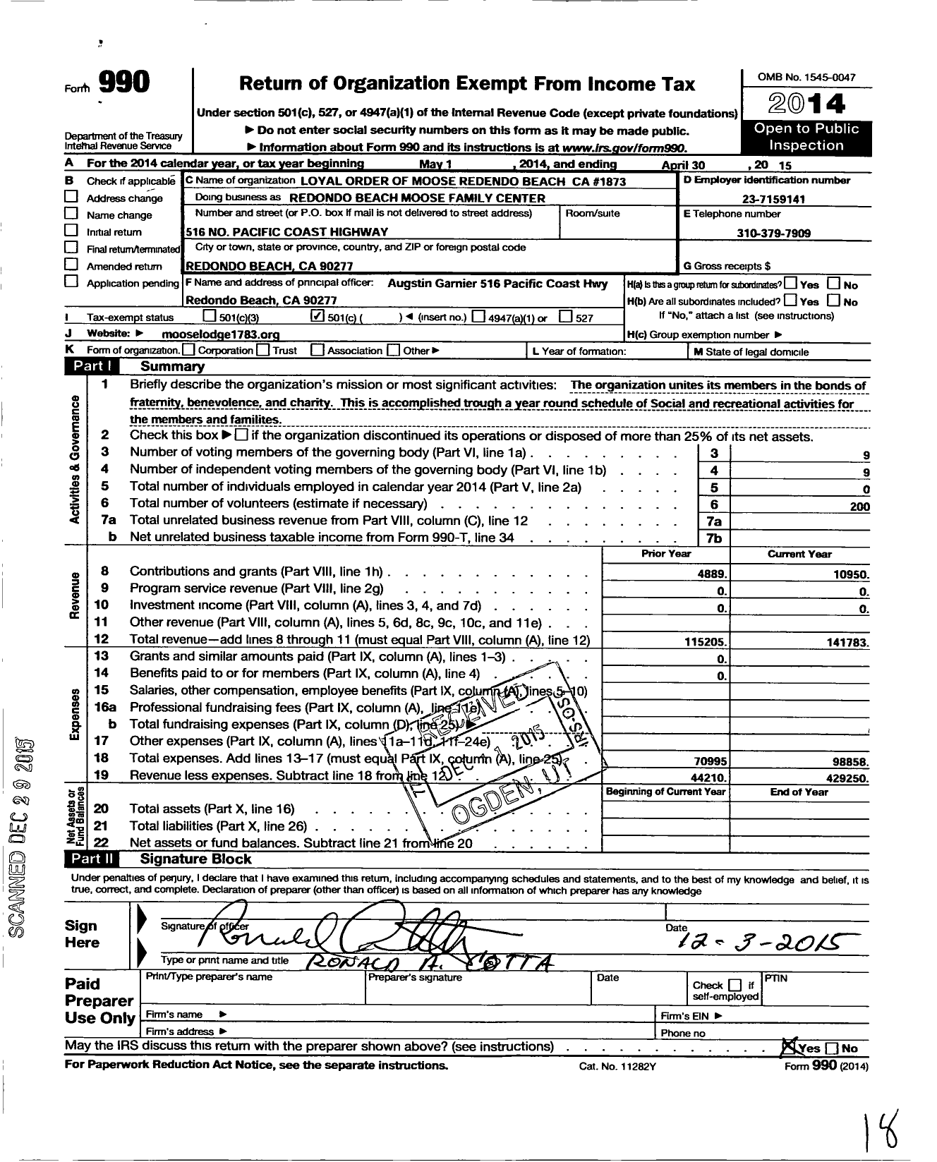 Image of first page of 2014 Form 990O for Loyal Order of Moose - Redondo Beach Moose Family Center