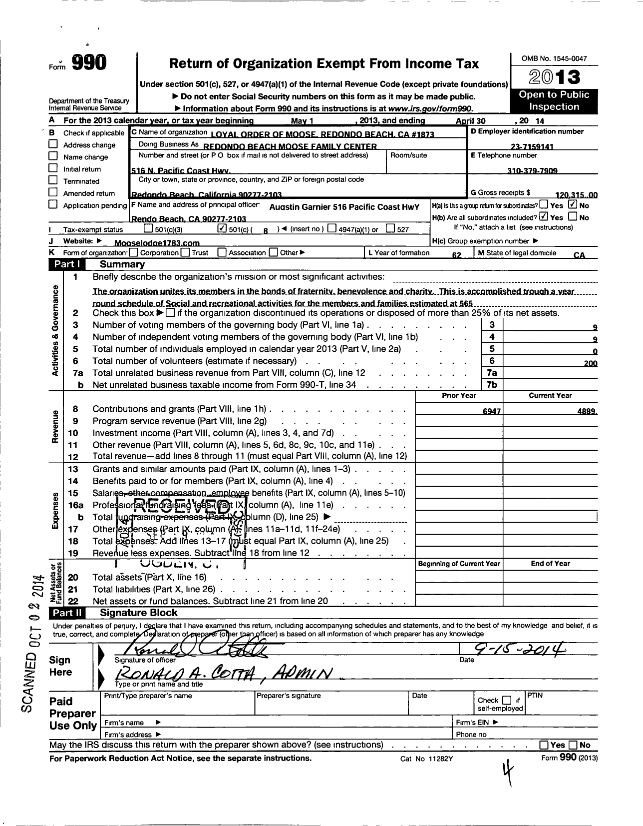 Image of first page of 2013 Form 990O for Loyal Order of Moose - Redondo Beach Moose Family Center