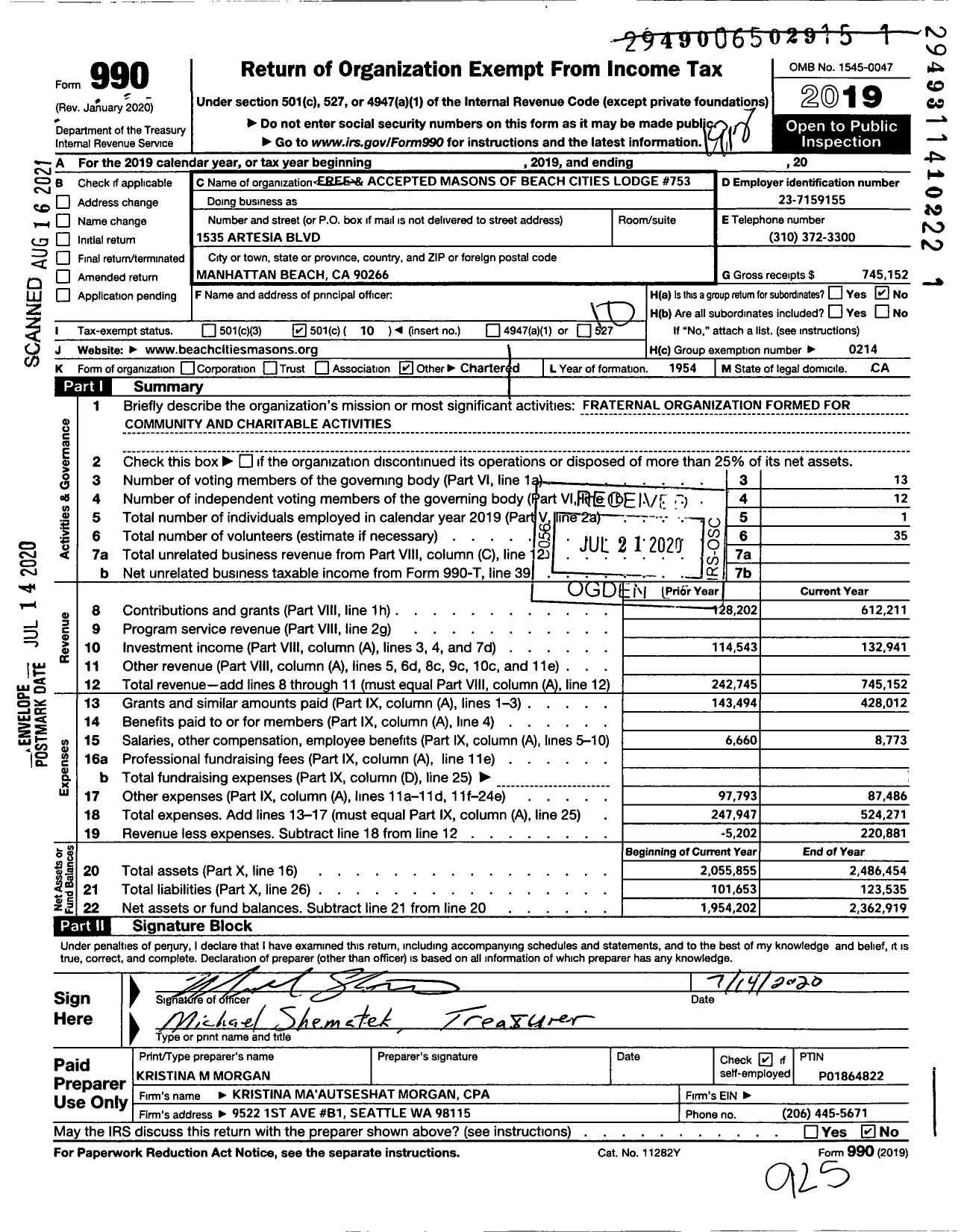 Image of first page of 2019 Form 990O for Masons of California - 753 Beach Cities