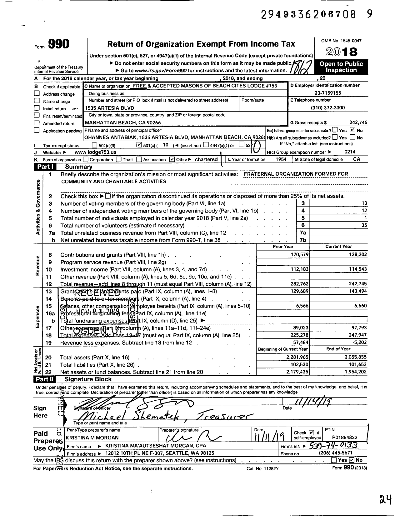 Image of first page of 2018 Form 990O for Masons of California - 753 Beach Cities