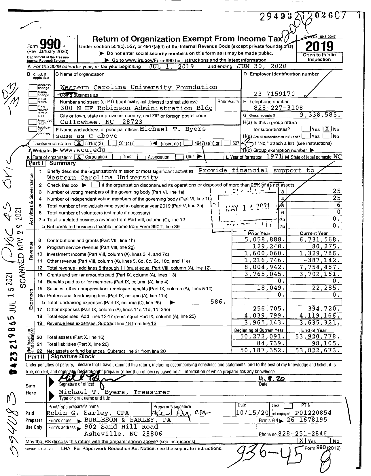 Image of first page of 2019 Form 990 for Western Carolina University Foundation