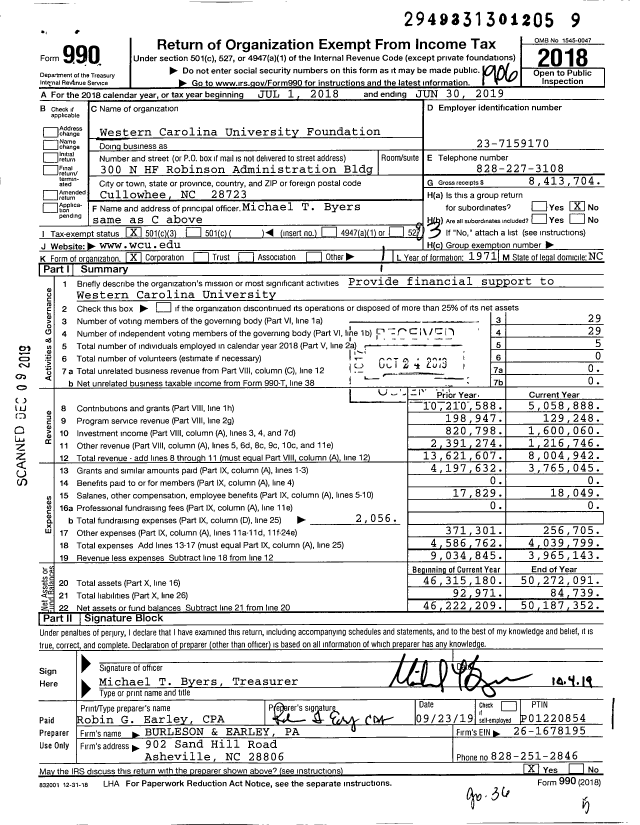 Image of first page of 2018 Form 990 for Western Carolina University Foundation