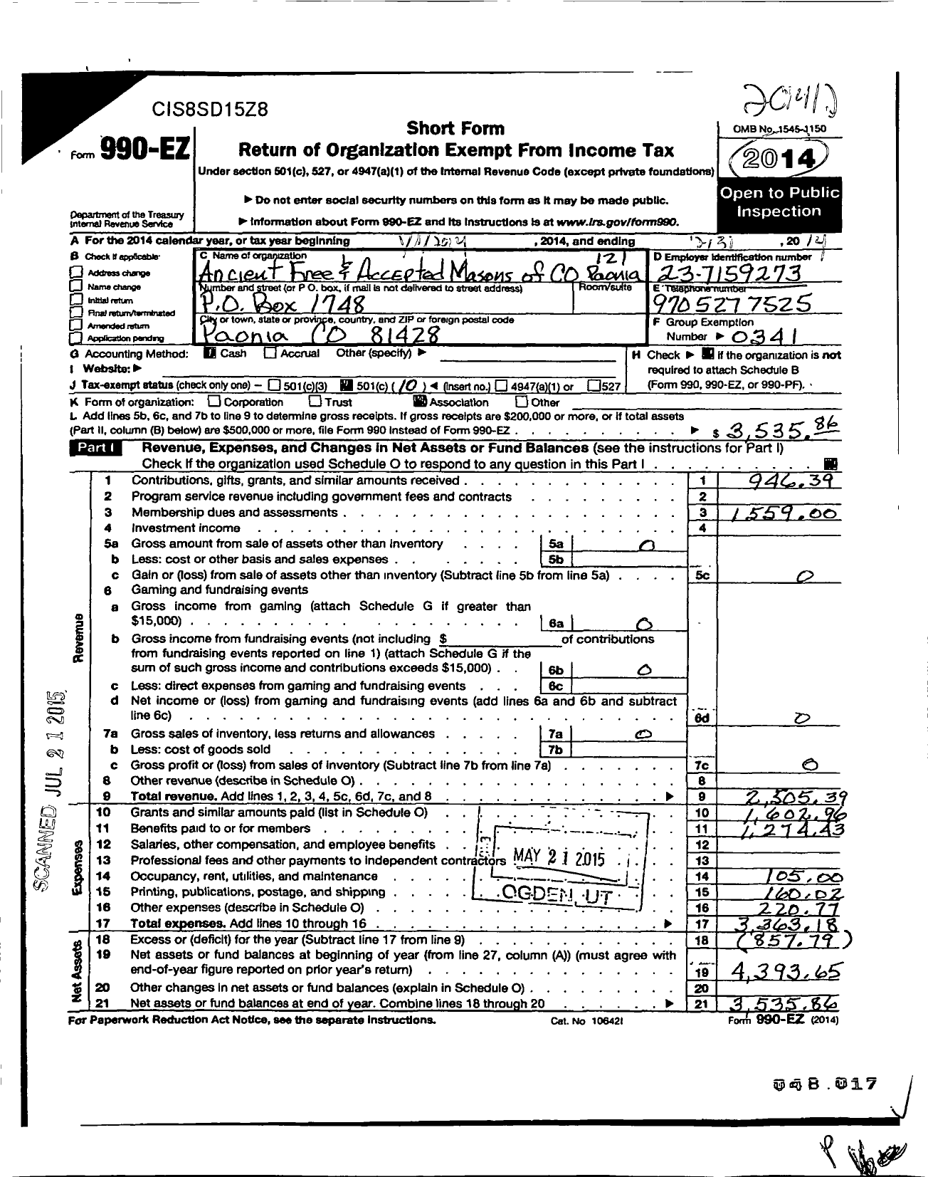 Image of first page of 2014 Form 990EO for Ancient Free and Accepted Masons of Colorado - 121 Paonia