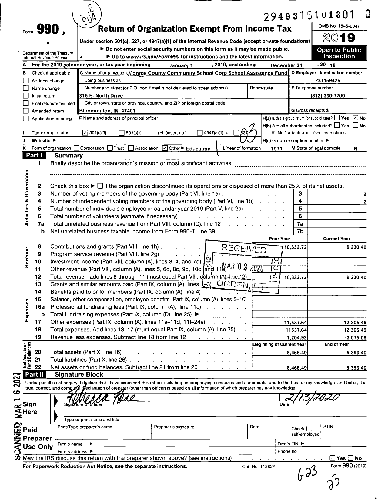 Image of first page of 2019 Form 990 for Monroe County Community Schools Assistance Fund