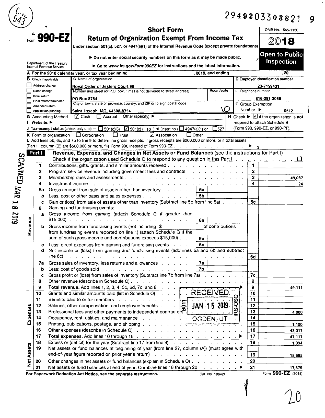 Image of first page of 2018 Form 990EO for Royal Order of Jesters - 098 St Joseph Court