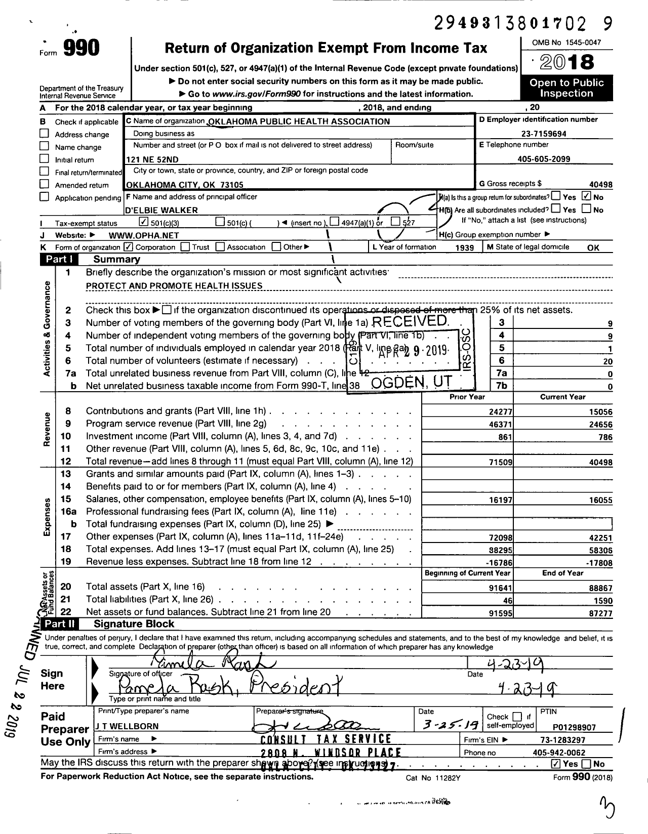 Image of first page of 2018 Form 990 for Oklahoma Public Health Association