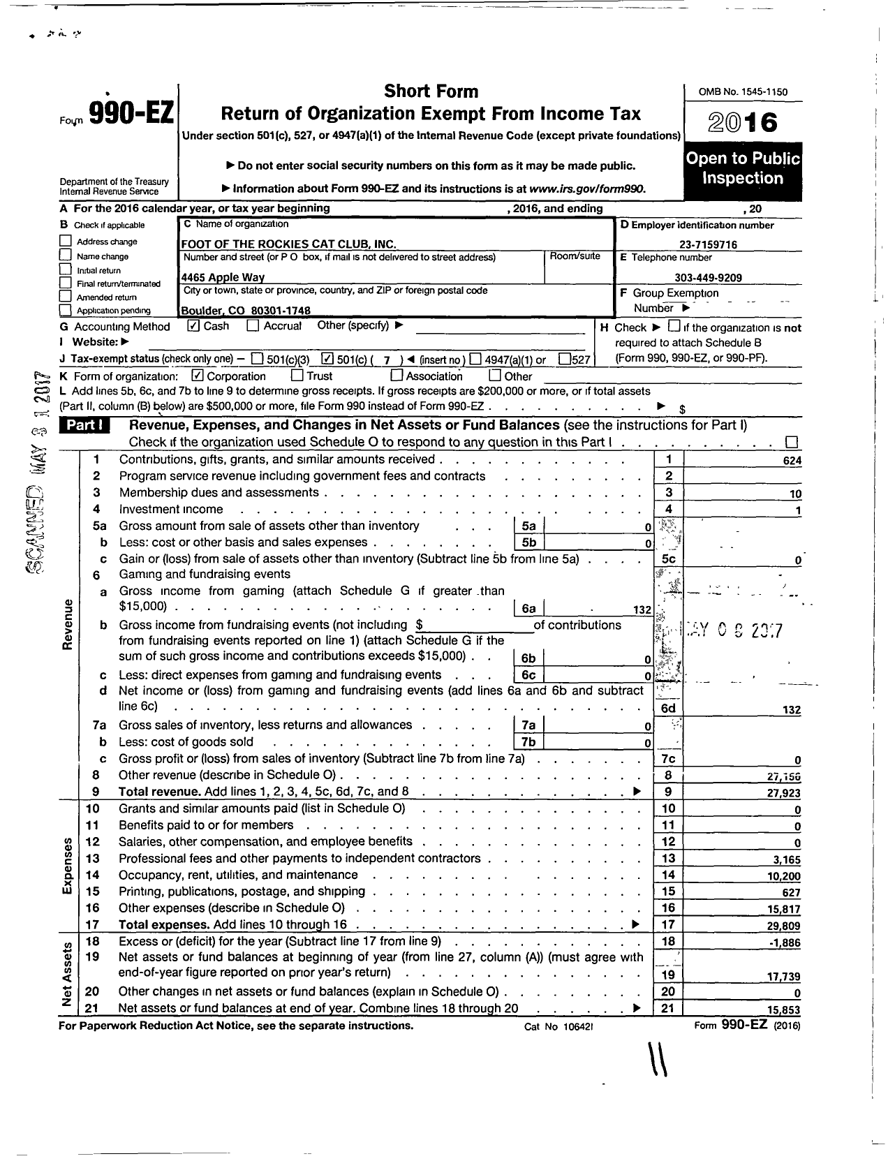 Image of first page of 2016 Form 990EO for Foot of the Rockies Cat Club