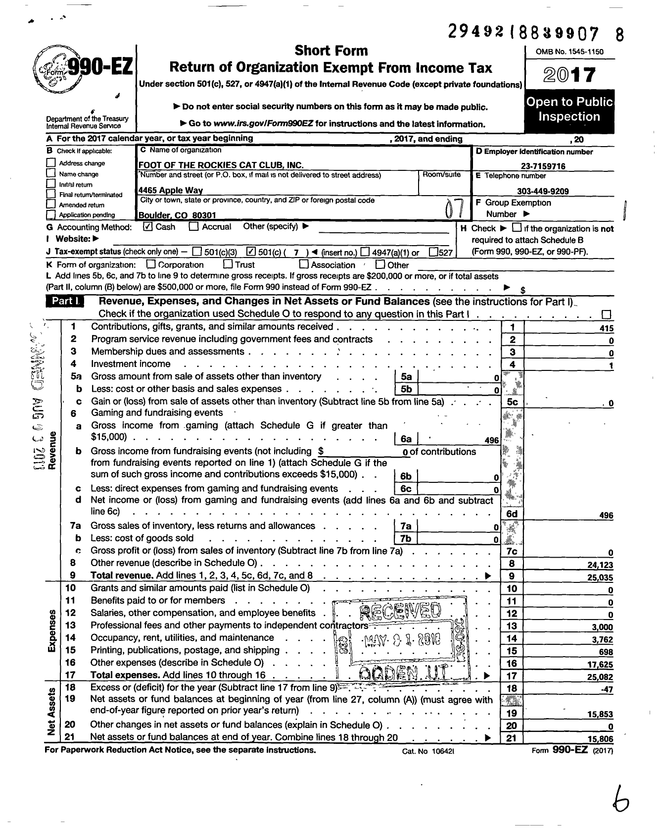 Image of first page of 2017 Form 990EO for Foot of the Rockies Cat Club