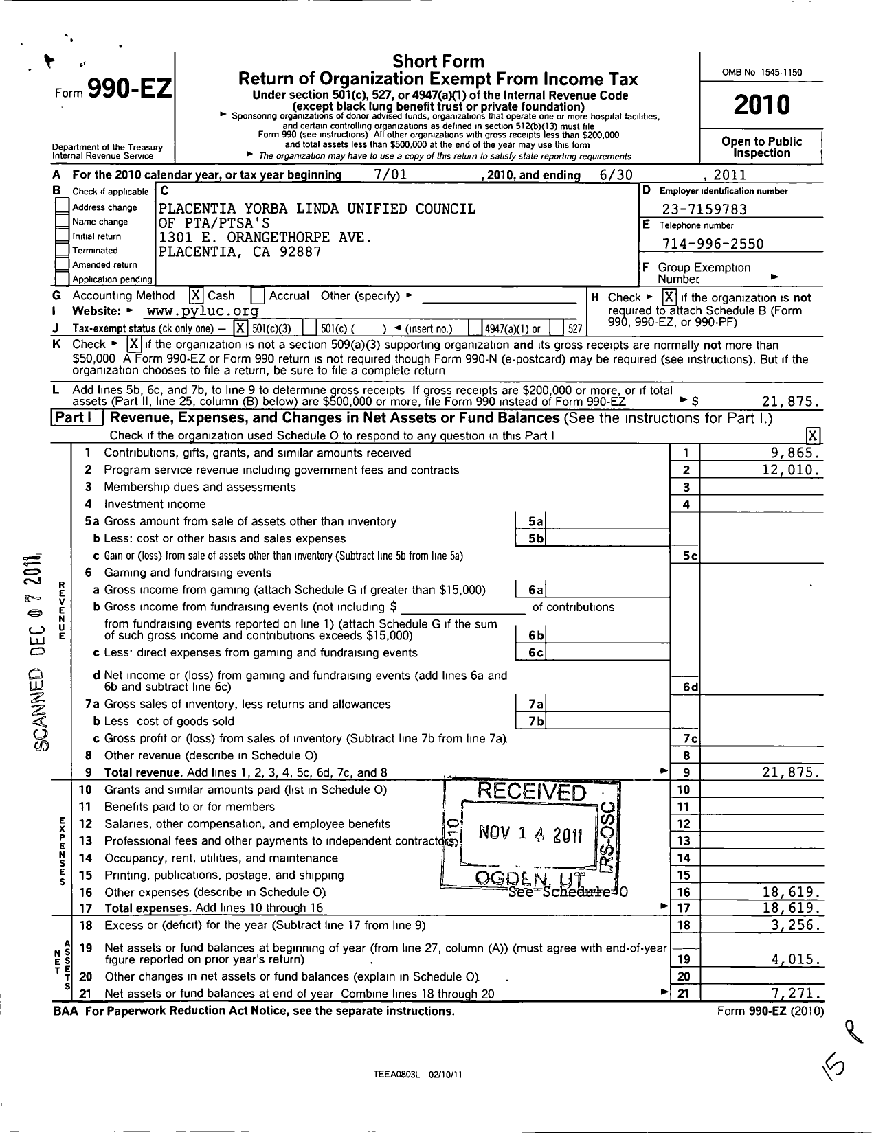 Image of first page of 2010 Form 990EZ for California State PTA - Placentia-Yorba Linda Council of PT