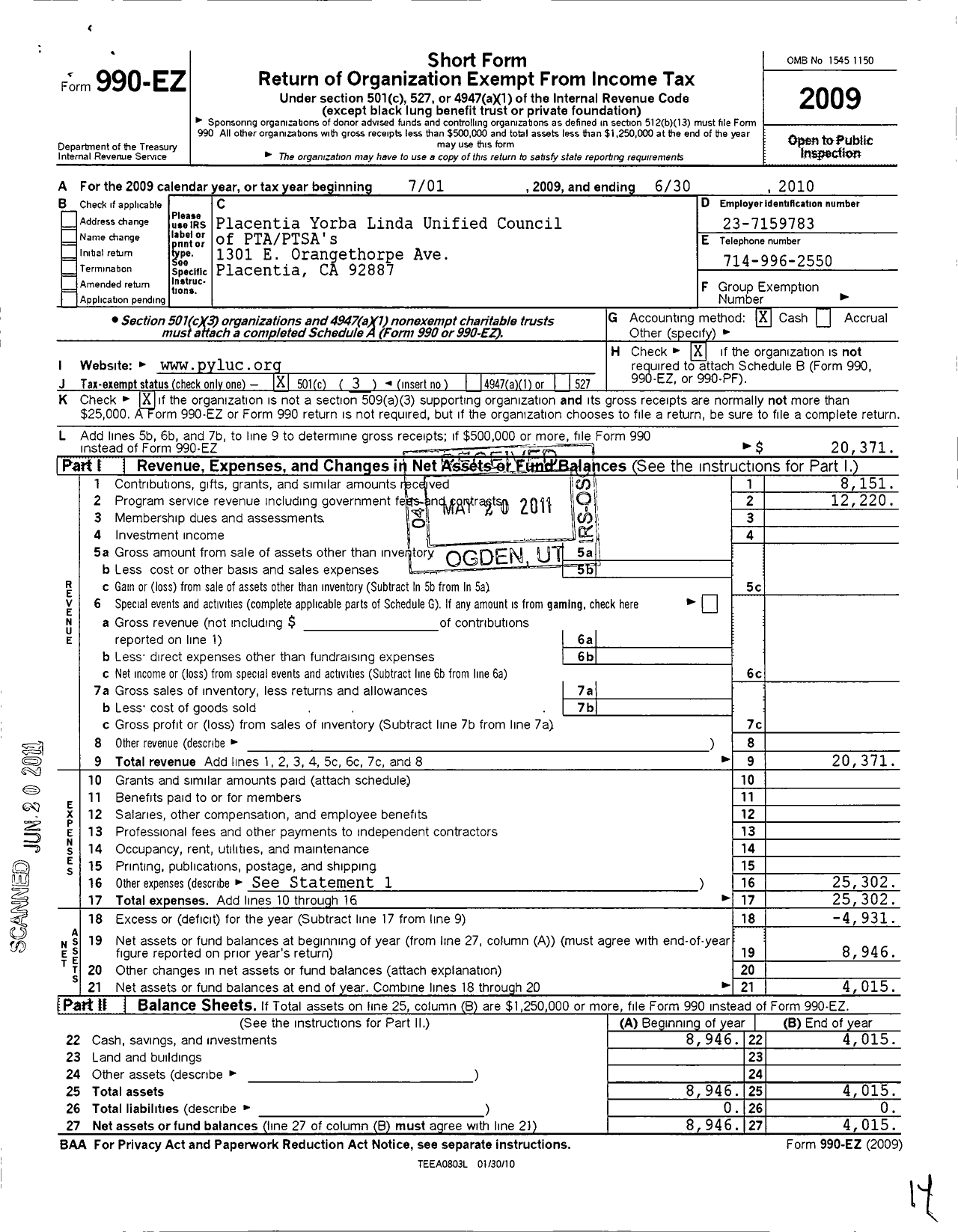 Image of first page of 2009 Form 990EZ for California State PTA - Placentia-Yorba Linda Council of PT