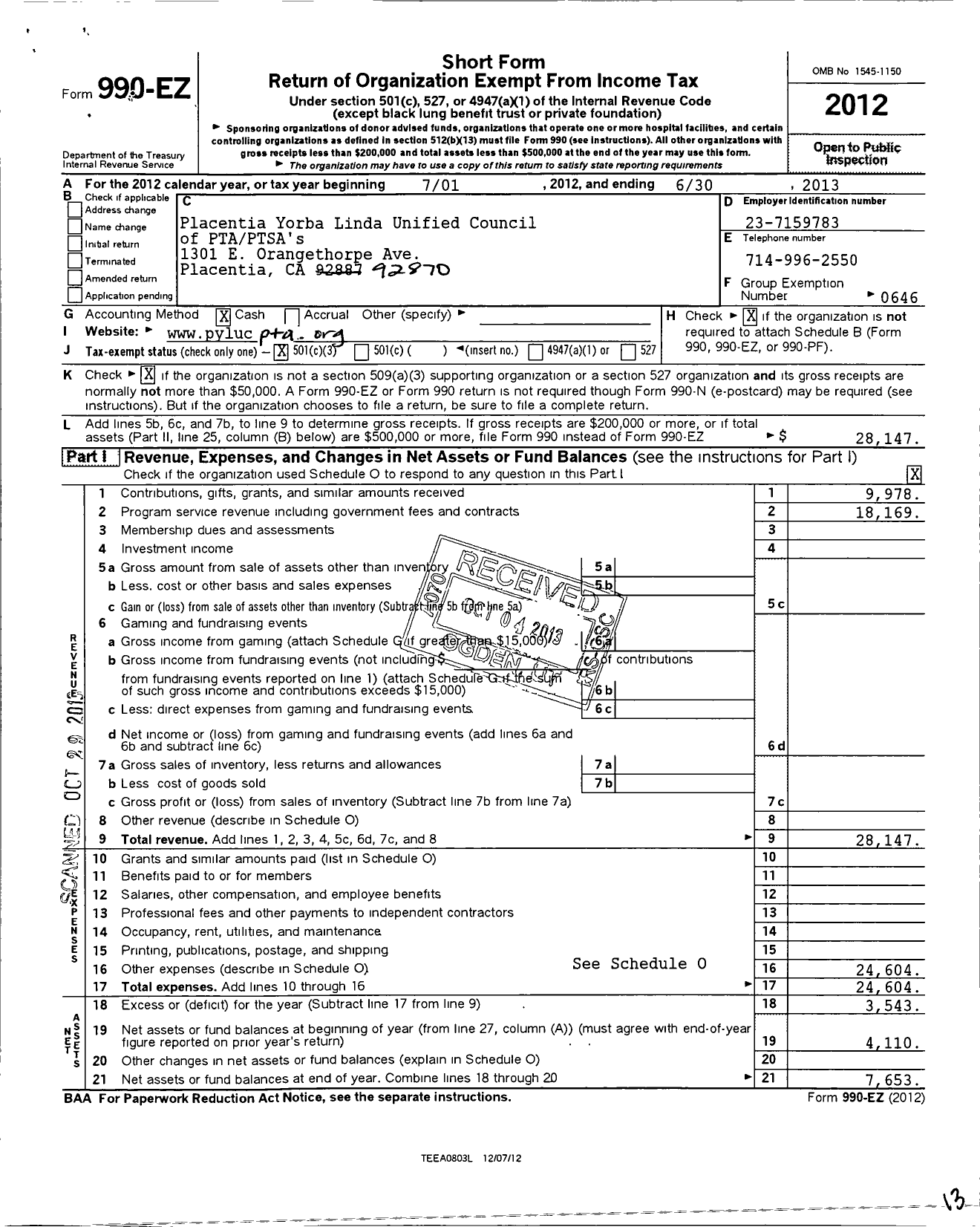 Image of first page of 2012 Form 990EZ for California State PTA - Placentia-Yorba Linda Council of PT