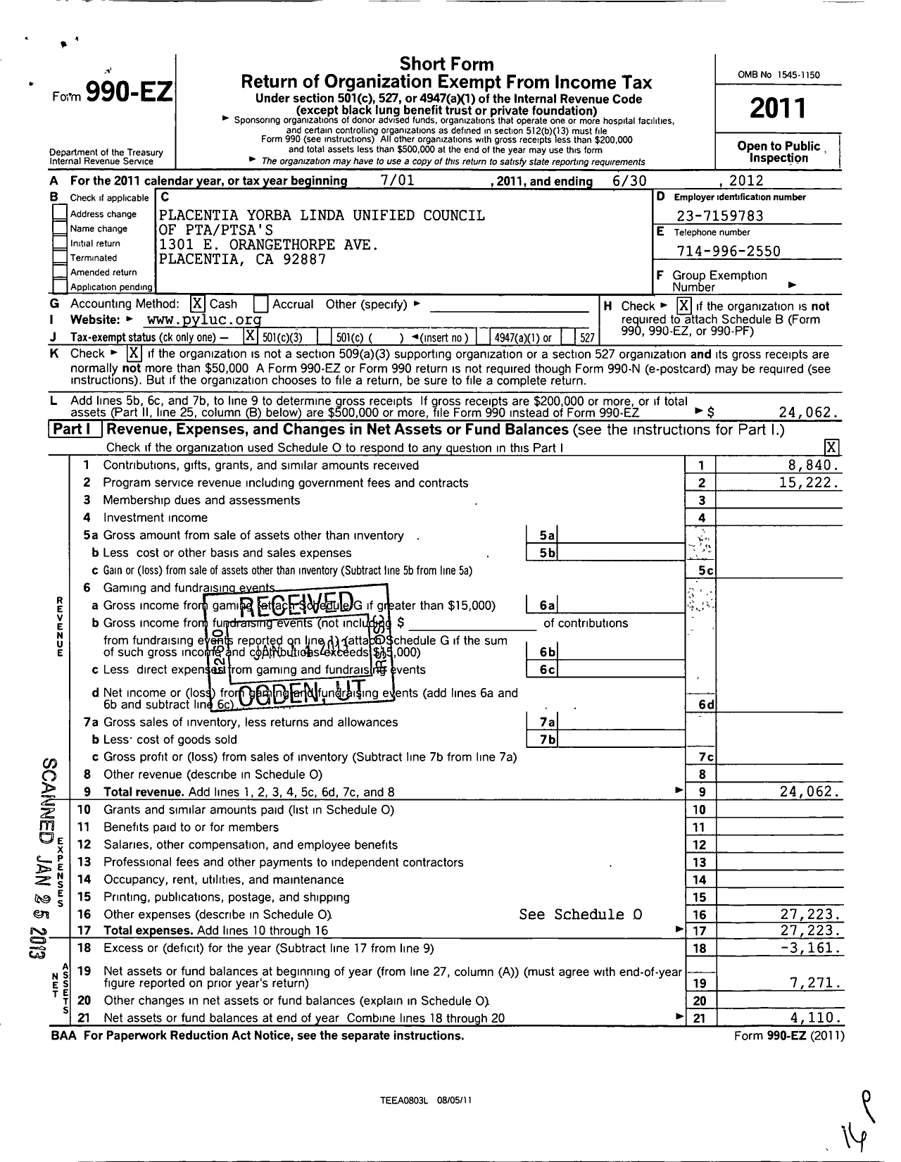 Image of first page of 2011 Form 990EZ for California State PTA - Placentia-Yorba Linda Council of PT