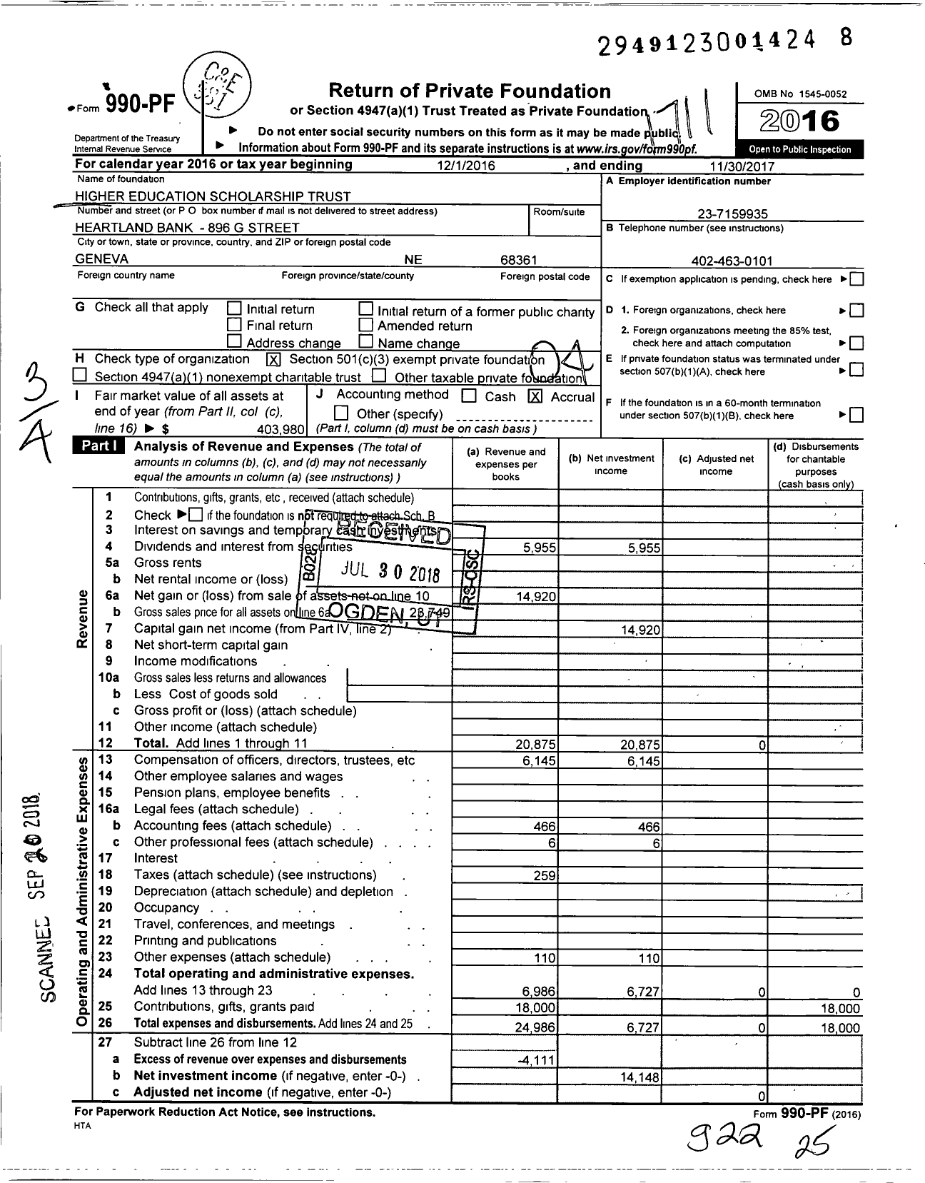 Image of first page of 2016 Form 990PF for Higher Education Scholarship Trust