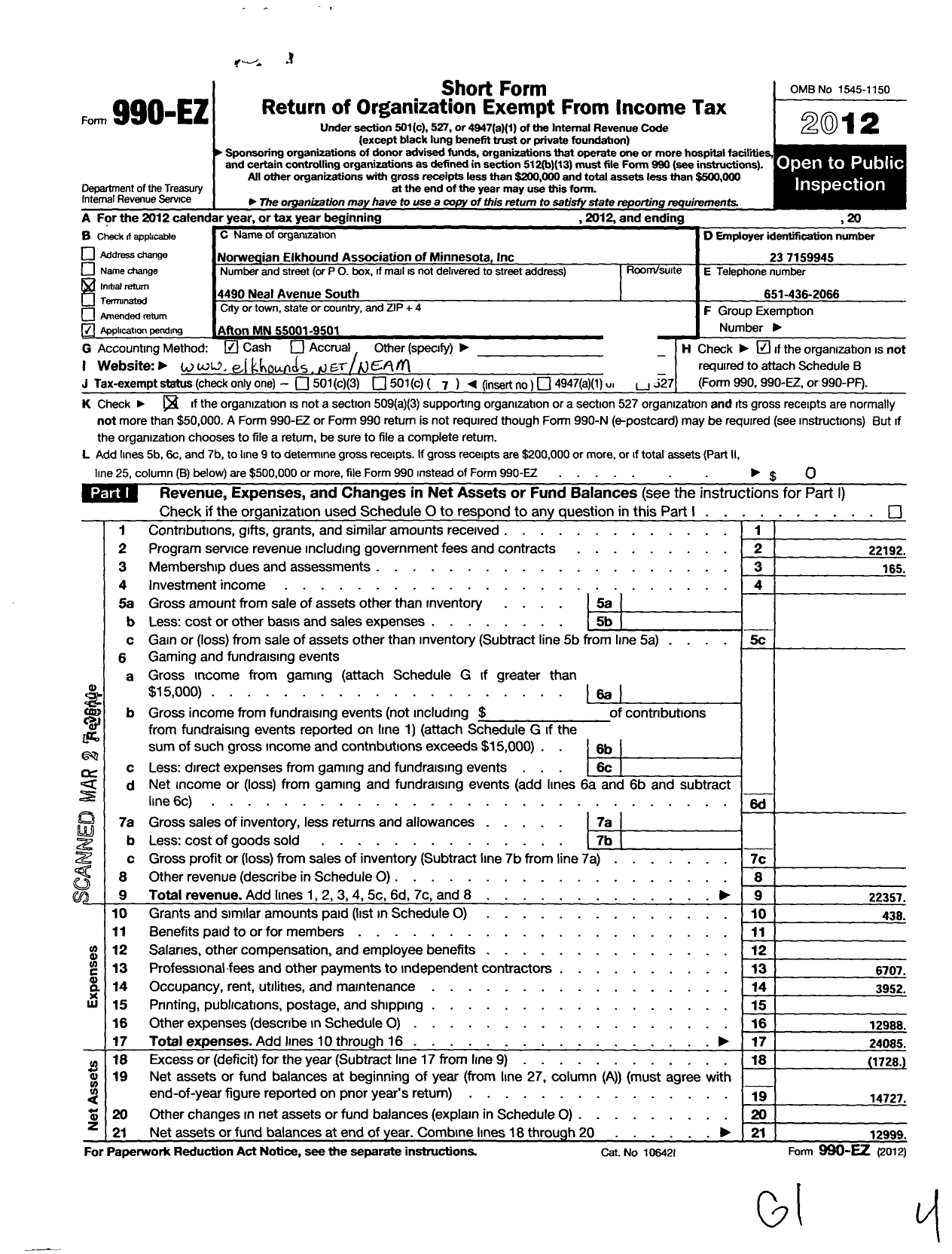 Image of first page of 2012 Form 990EO for Norwegian Elkhound Association of Minnesota