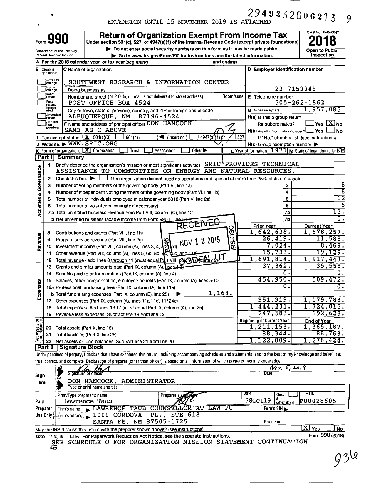 Image of first page of 2018 Form 990 for Southwest Research and Information Center