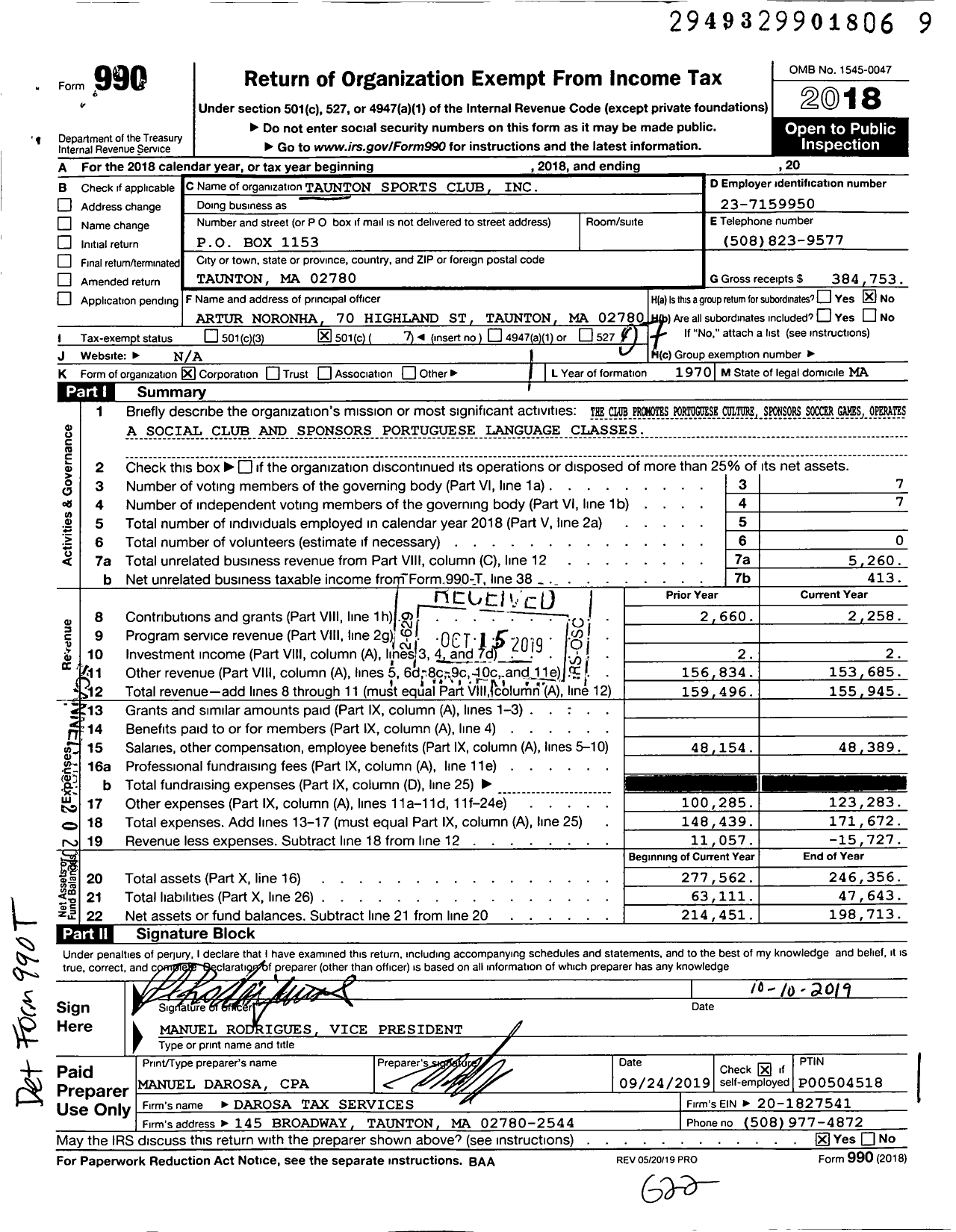 Image of first page of 2018 Form 990O for Taunton Sports Club