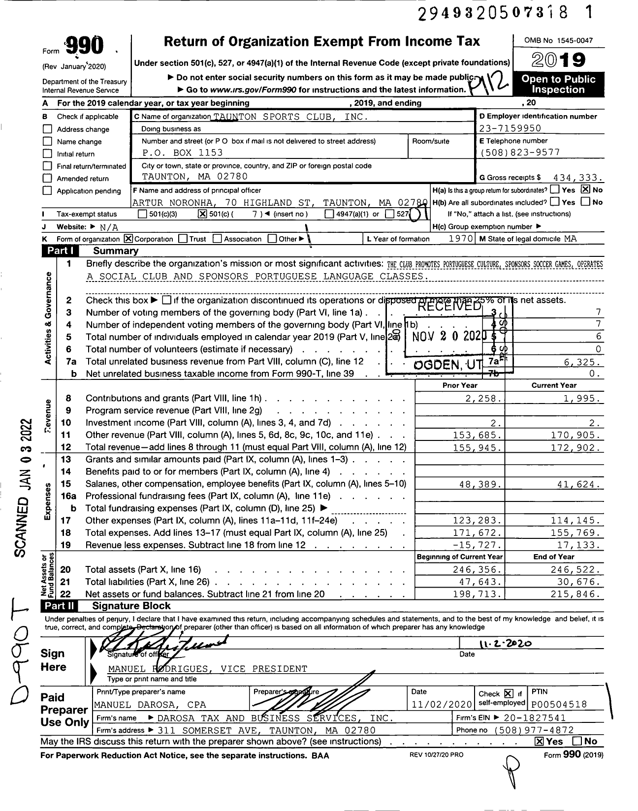 Image of first page of 2019 Form 990O for Taunton Sports Club