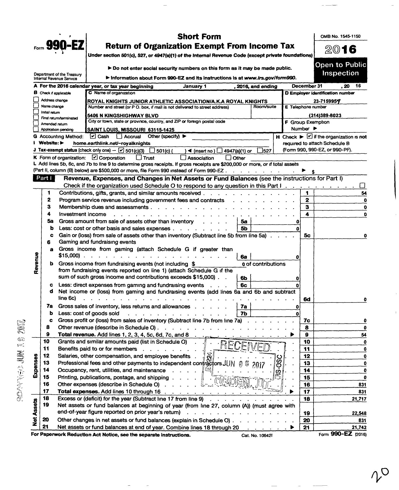 Image of first page of 2016 Form 990EZ for Royal Knights Junior Athletics Association