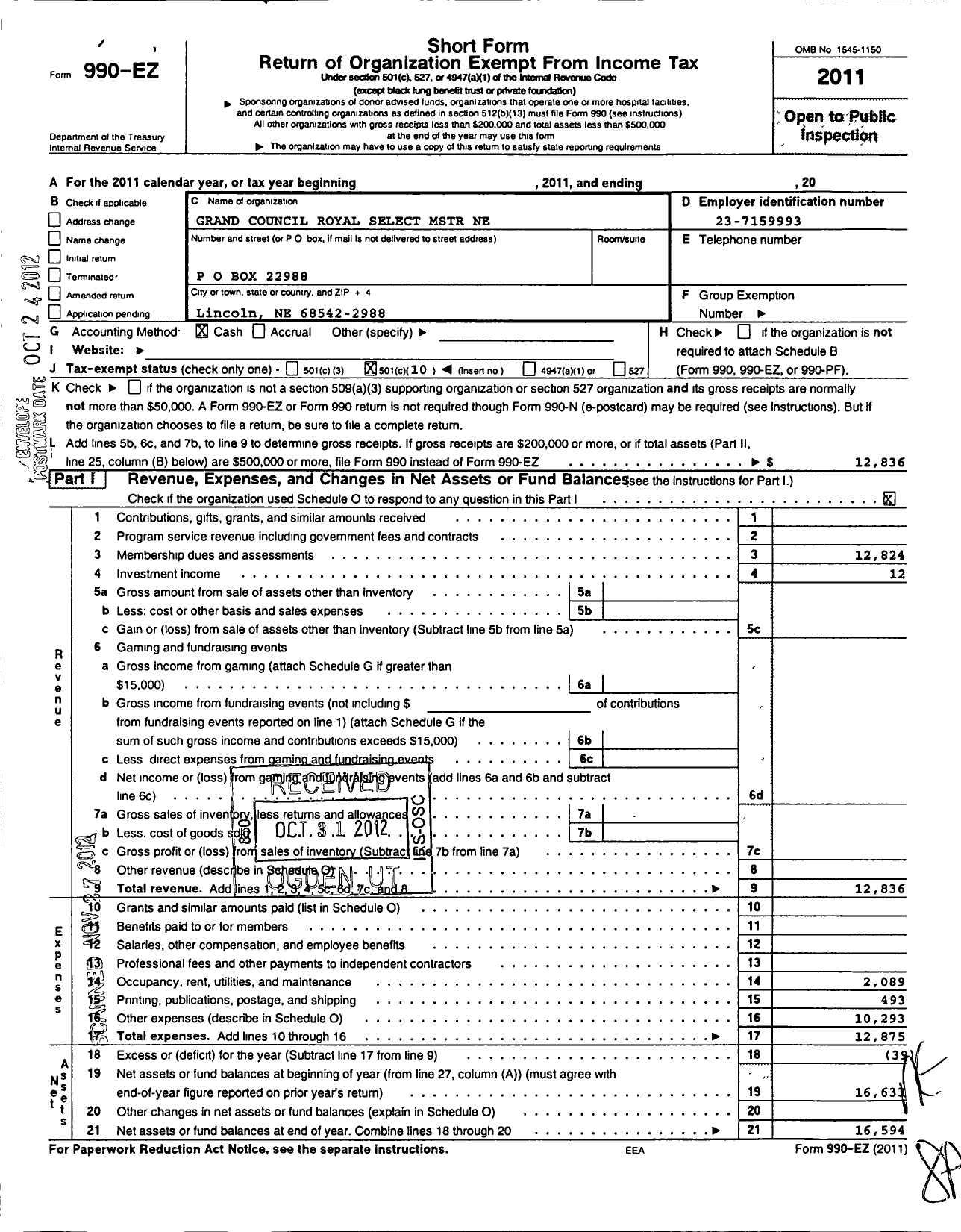 Image of first page of 2011 Form 990EO for Cryptic Masons in Nebraska Grand Council State Headquarters