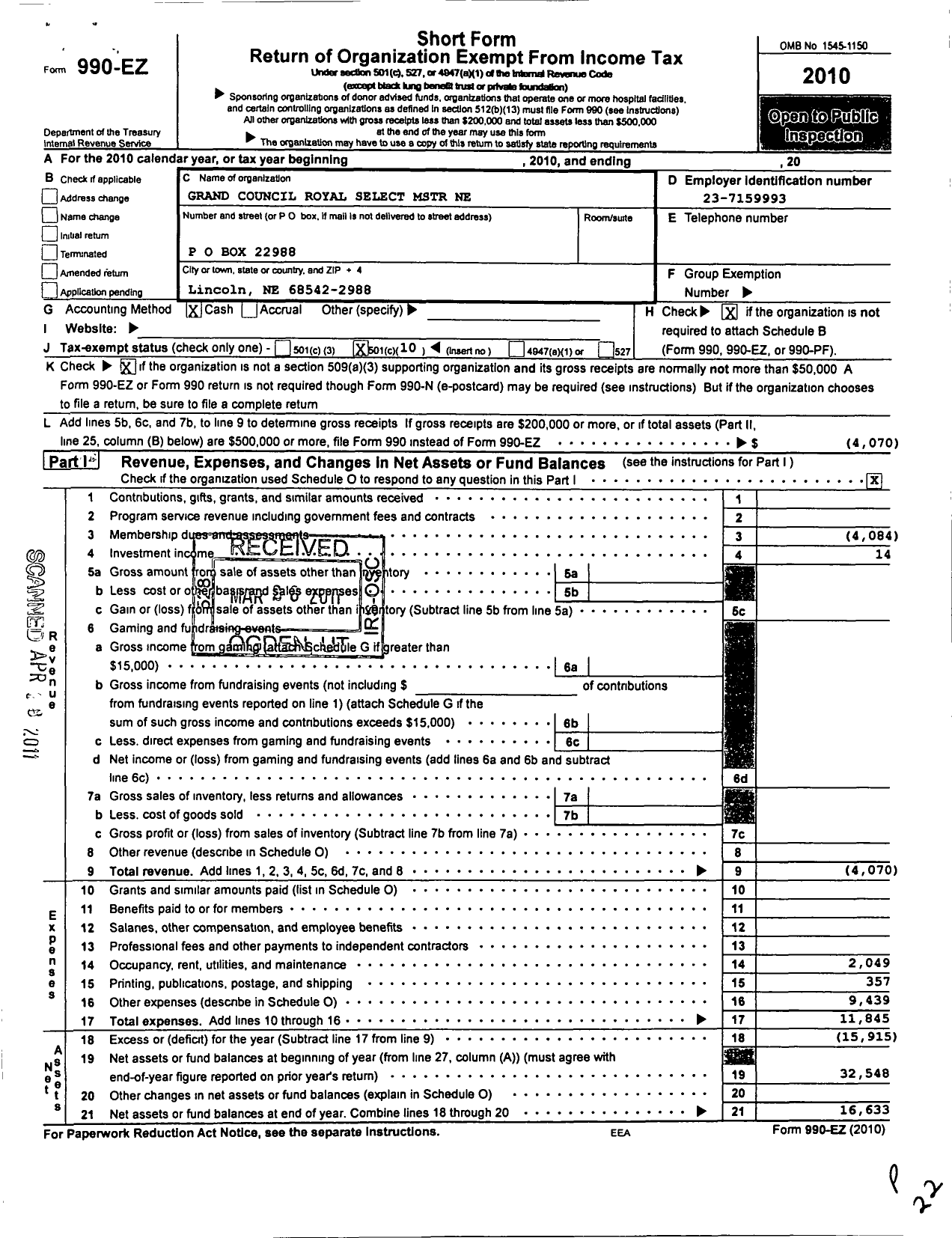 Image of first page of 2010 Form 990EO for Cryptic Masons in Nebraska Grand Council State Headquarters