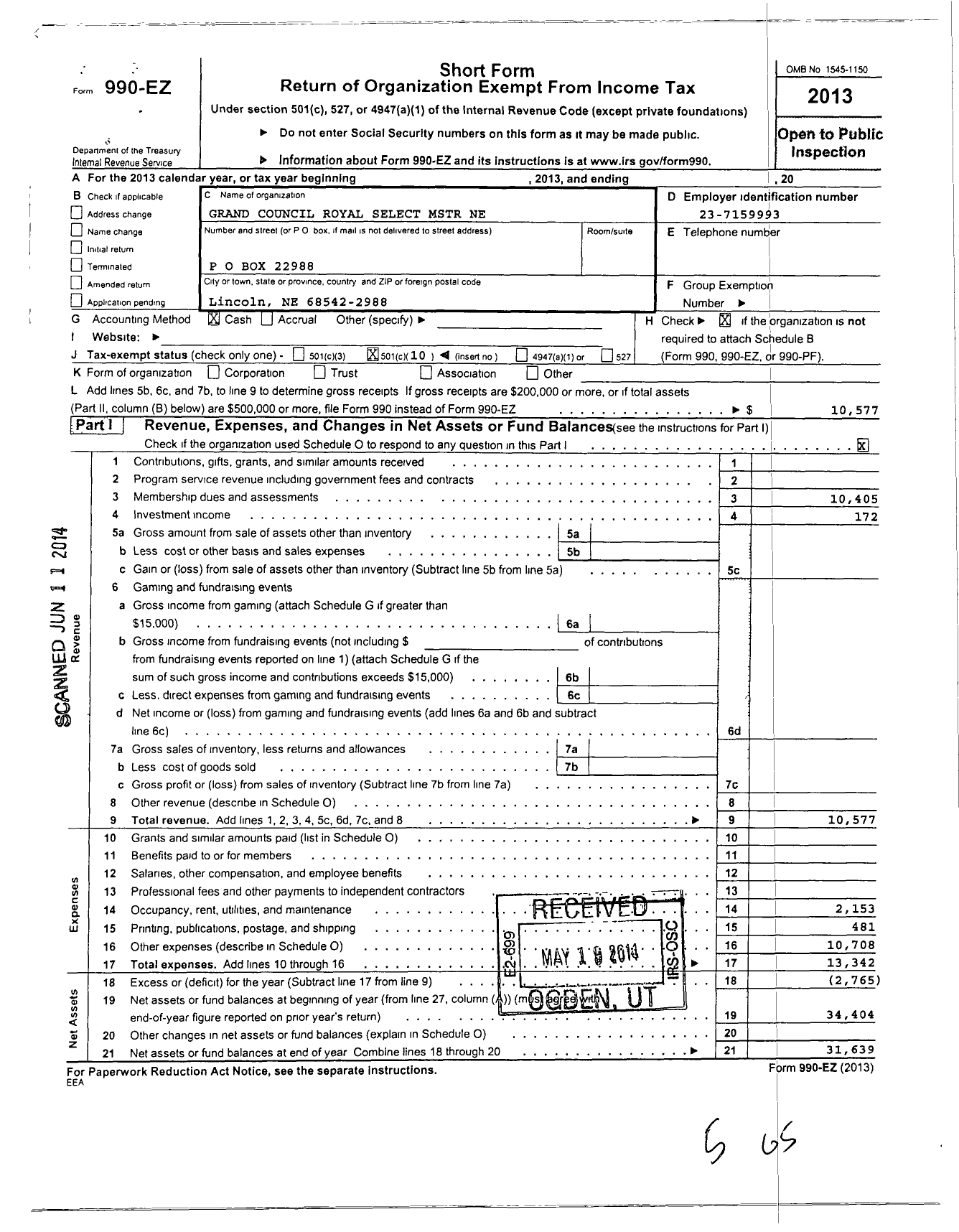 Image of first page of 2013 Form 990EO for Cryptic Masons in Nebraska Grand Council State Headquarters