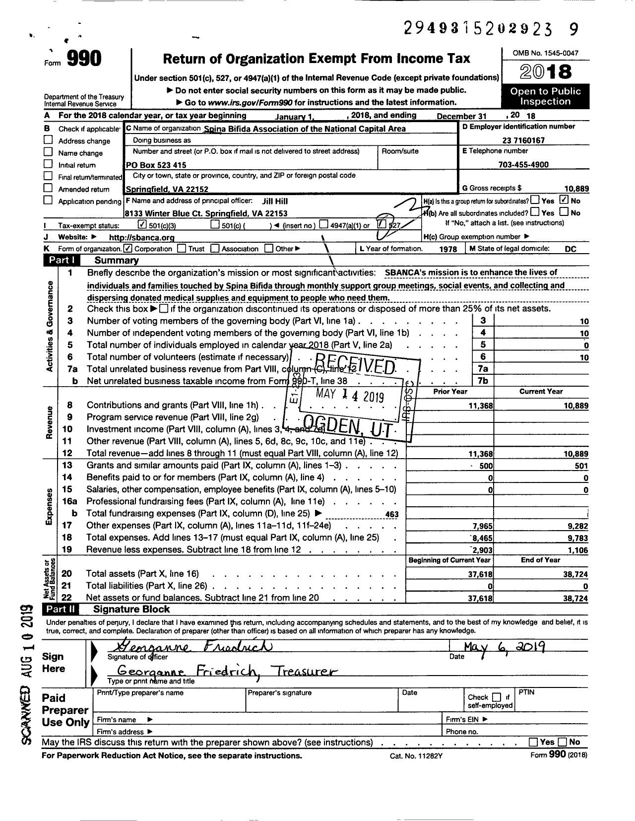 Image of first page of 2018 Form 990 for Spina Bifida Association of the National Capital Area