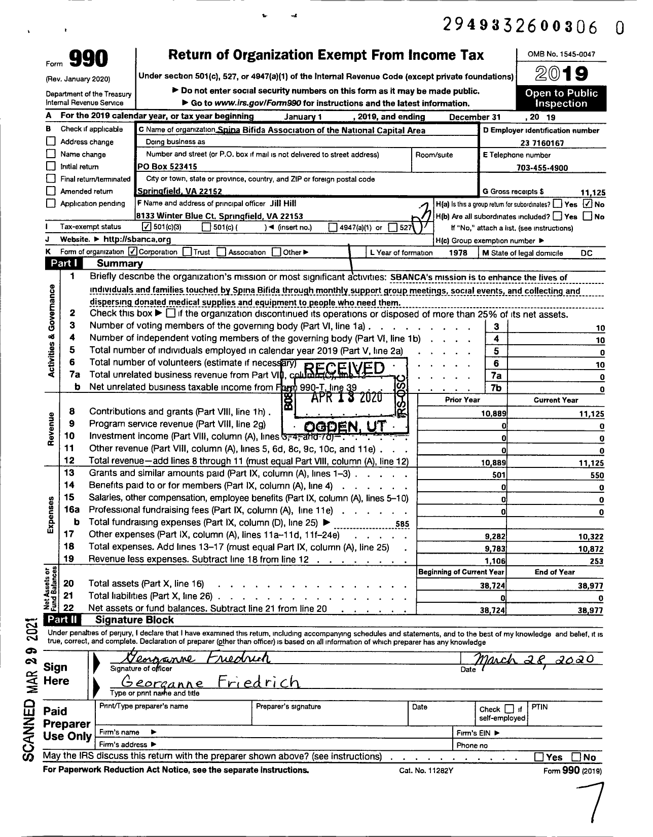 Image of first page of 2019 Form 990 for Spina Bifida Association of the National Capital Area