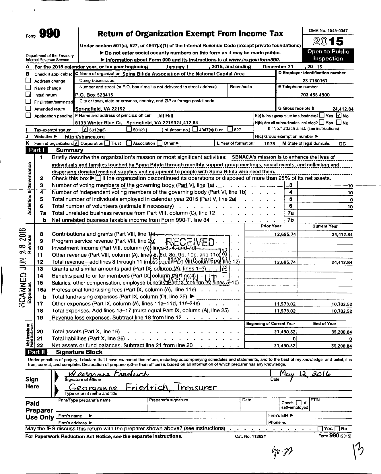 Image of first page of 2015 Form 990 for Spina Bifida Association of the National Capital Area