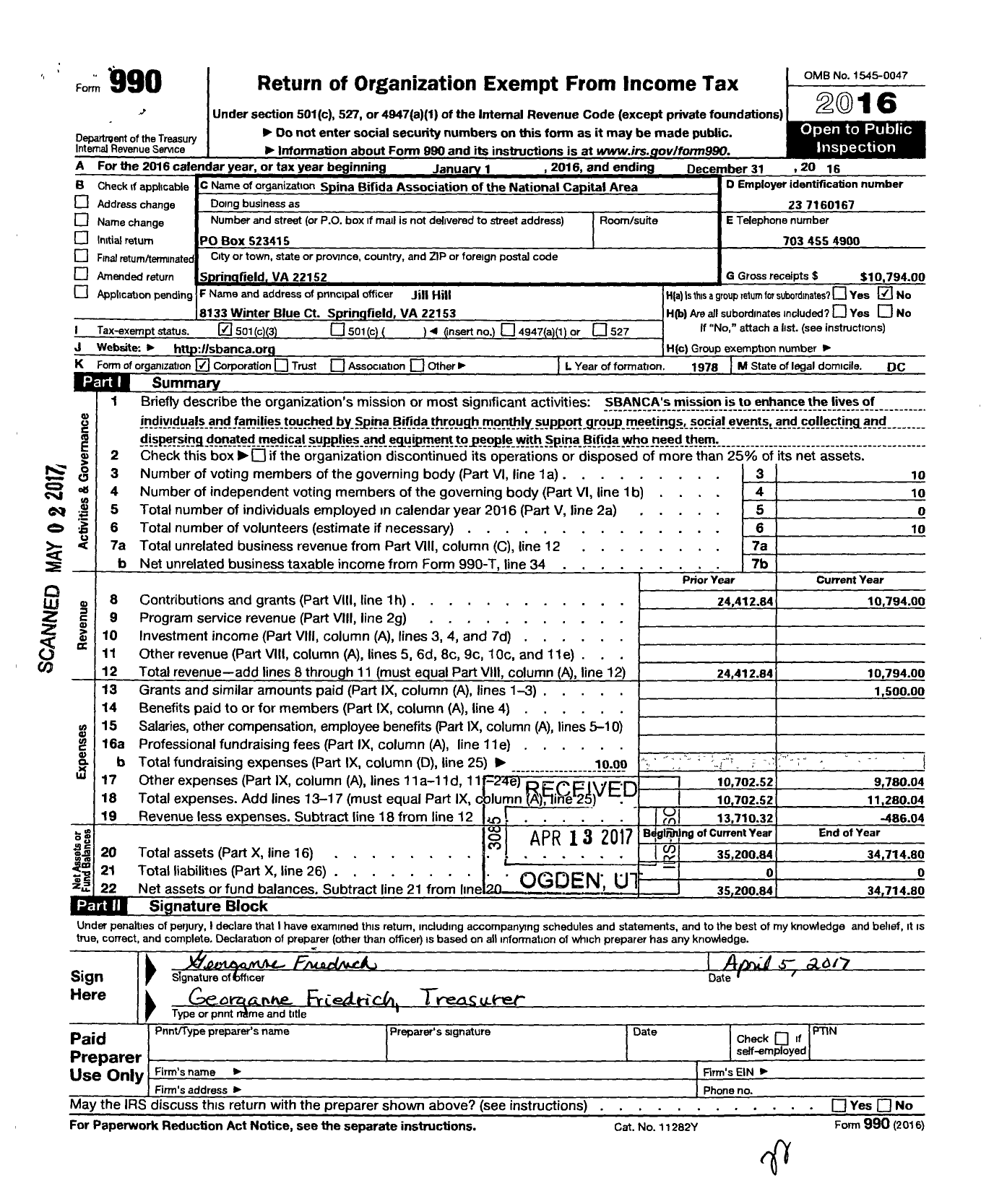 Image of first page of 2016 Form 990 for Spina Bifida Association of the National Capital Area