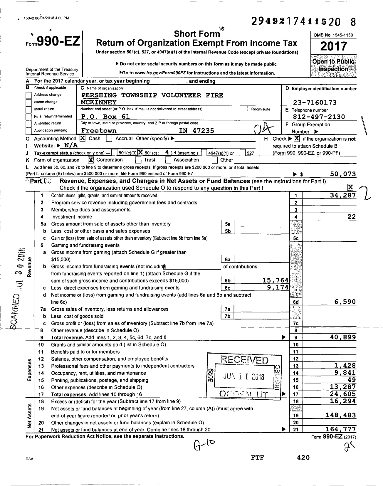 Image of first page of 2017 Form 990EO for Pershing Township Volunteer Fire Mckinney