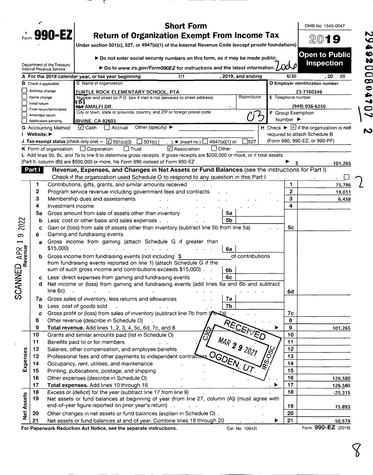 Image of first page of 2019 Form 990EZ for California State PTA - 4136 Turtle Rock Elementary PTA