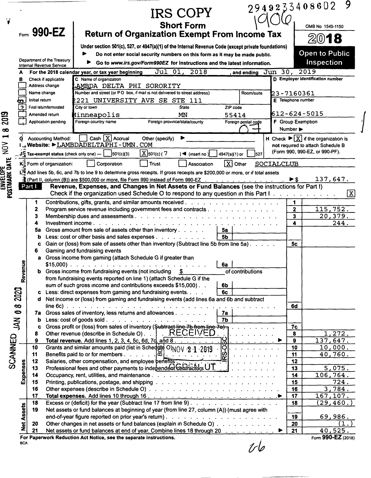 Image of first page of 2018 Form 990EO for Lambda Delta Phi Gamma Chapter