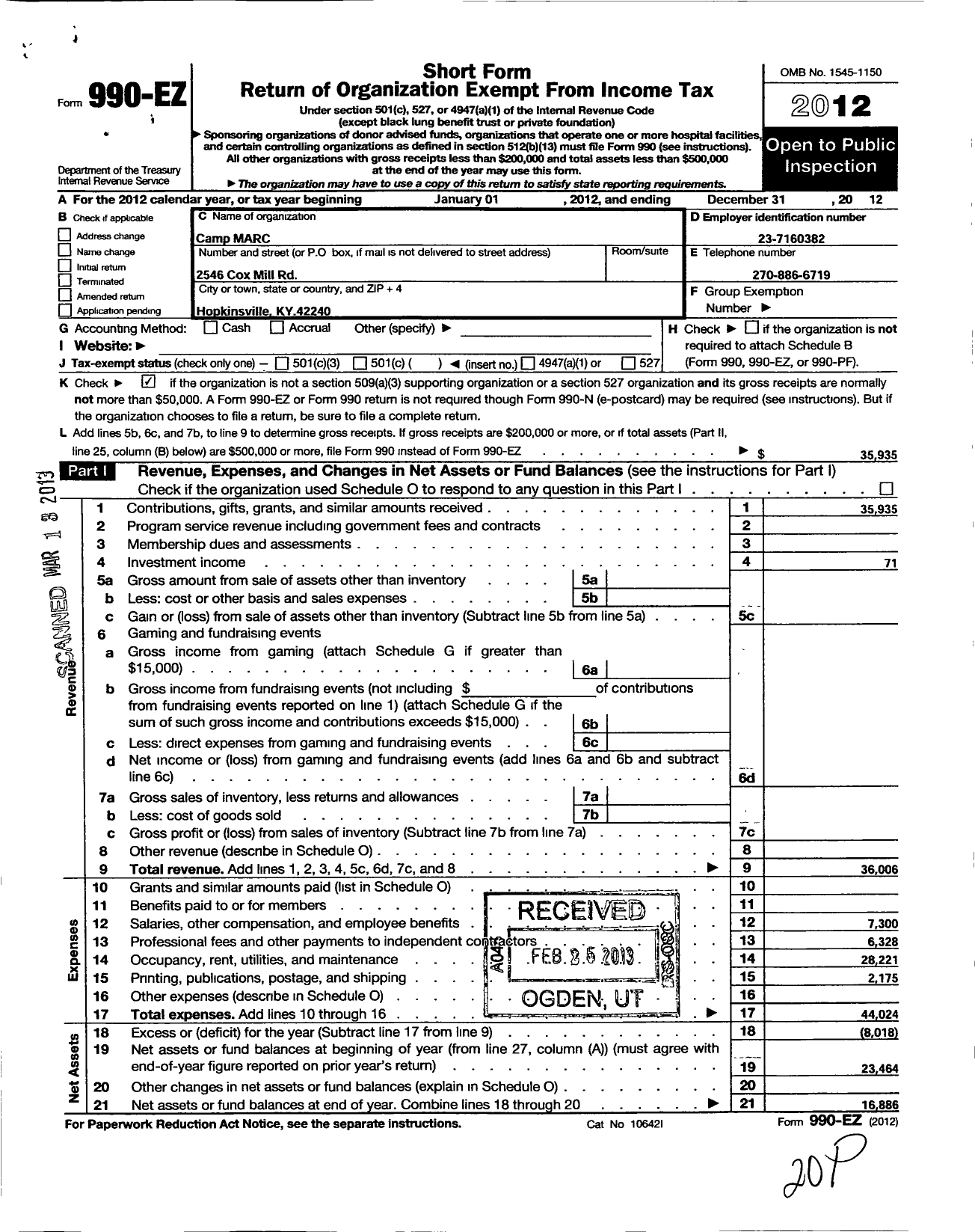 Image of first page of 2012 Form 990EO for Free and Accepted Masons of Virginia - 36 St Johns Lodge