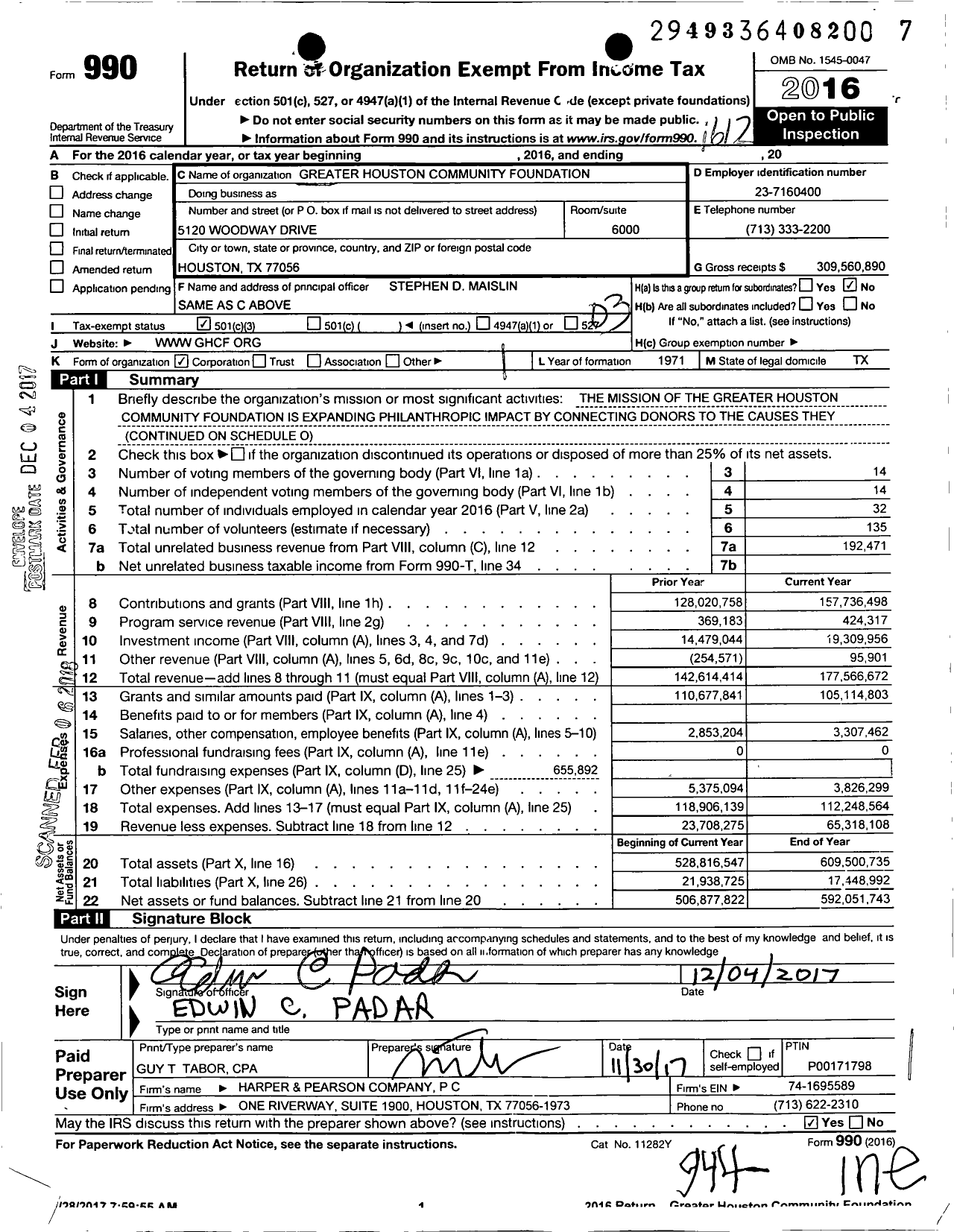 Image of first page of 2016 Form 990 for Greater Houston Community Foundation