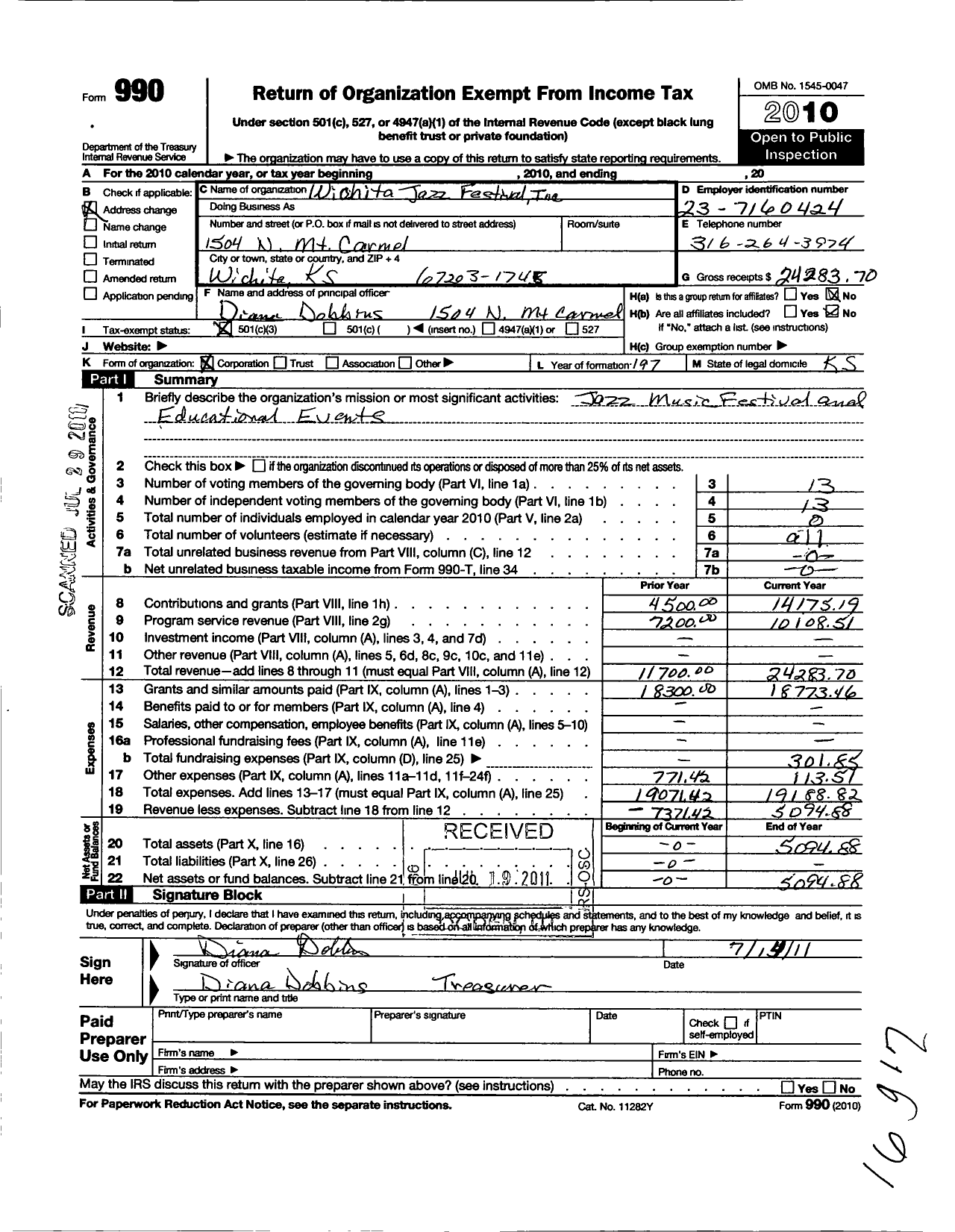 Image of first page of 2010 Form 990 for Wichita Jazz Festival