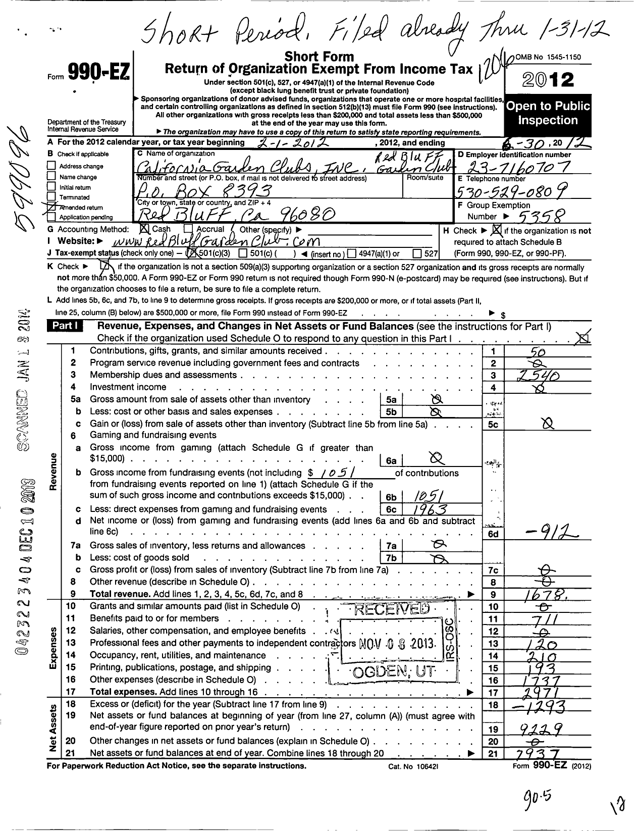 Image of first page of 2011 Form 990EZ for California Garden Clubs / Red Bluff Garden Club Inc