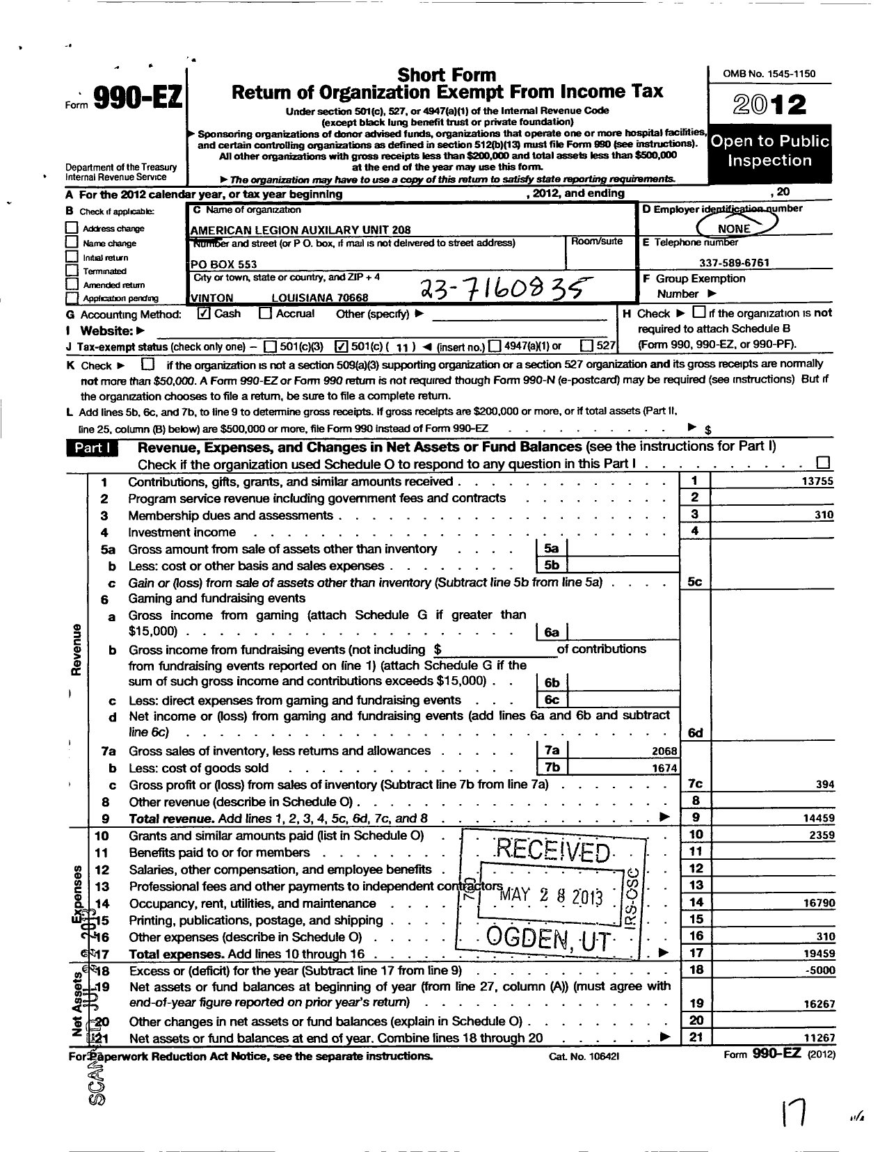 Image of first page of 2012 Form 990EO for American Legion Auxiliary - 208 John C Bowden