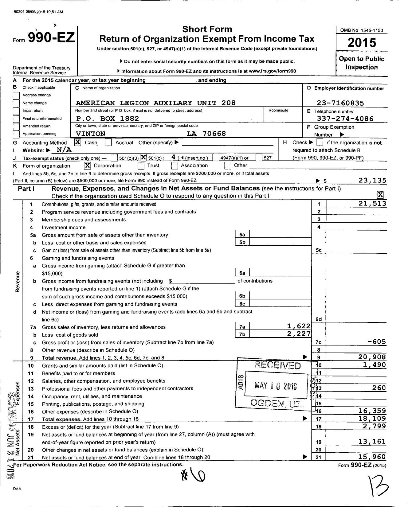 Image of first page of 2015 Form 990EO for American Legion Auxiliary - 208 John C Bowden