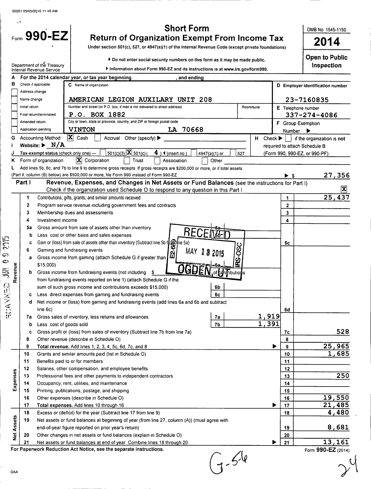 Image of first page of 2014 Form 990EO for American Legion Auxiliary - 208 John C Bowden