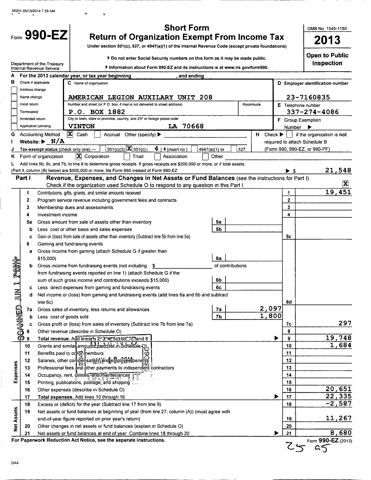 Image of first page of 2013 Form 990EO for American Legion Auxiliary - 208 John C Bowden