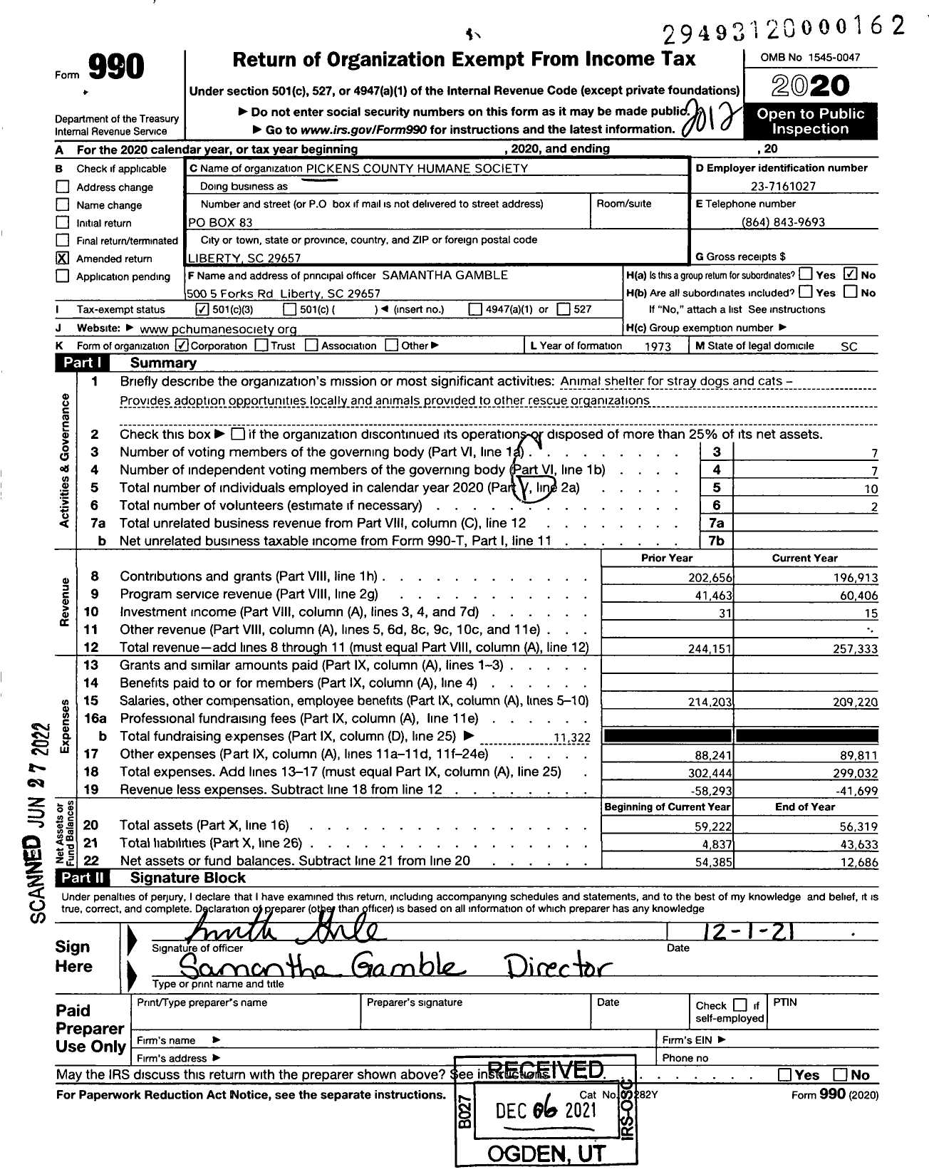 Image of first page of 2020 Form 990 for Pickens County Humane Society