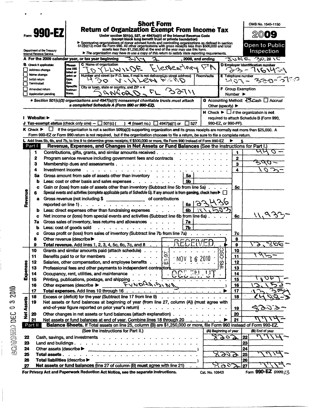 Image of first page of 2009 Form 990EO for PTA Florida Congress - Idyllwilde Elementary School PTA