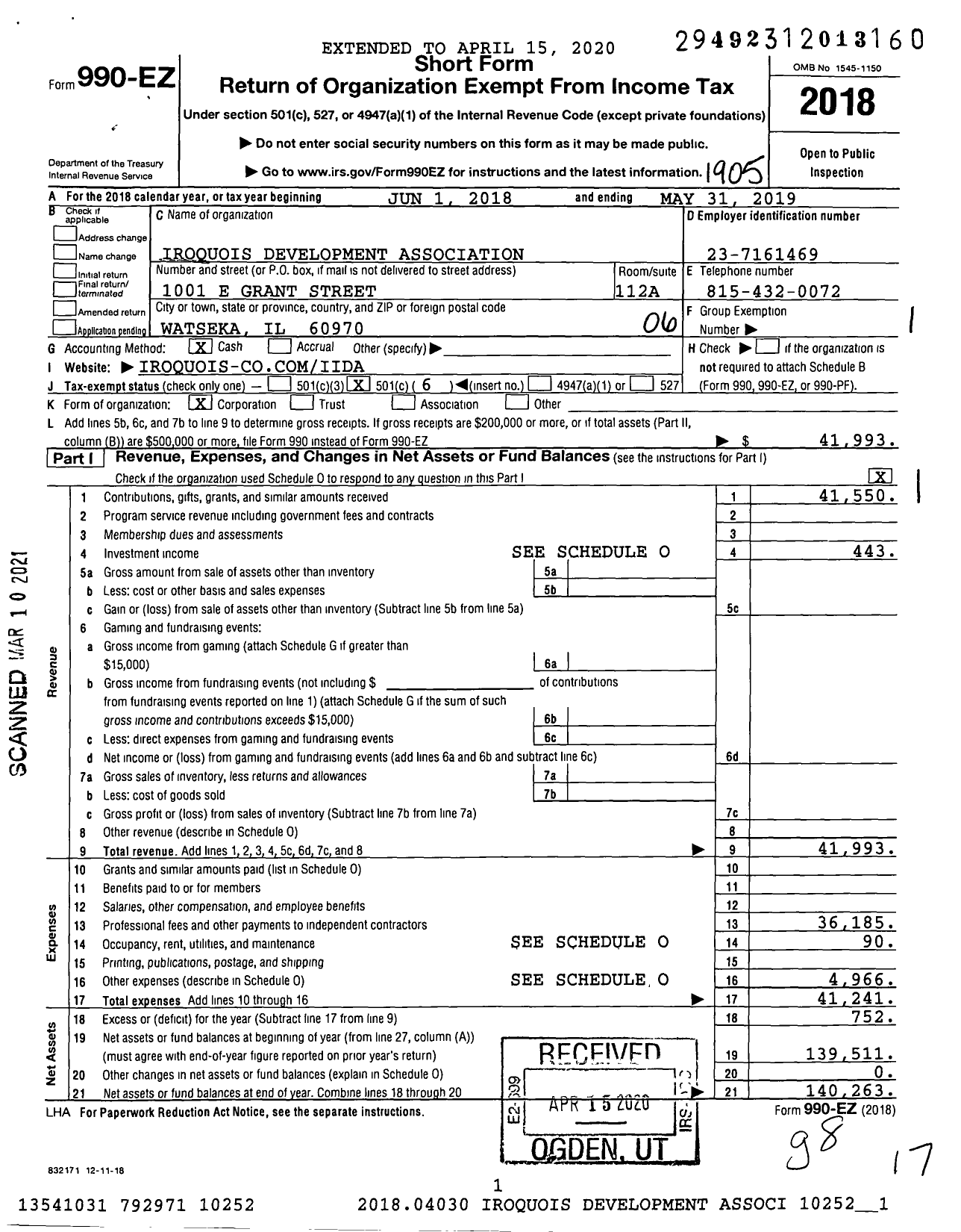 Image of first page of 2018 Form 990EO for Iroquois Development Association