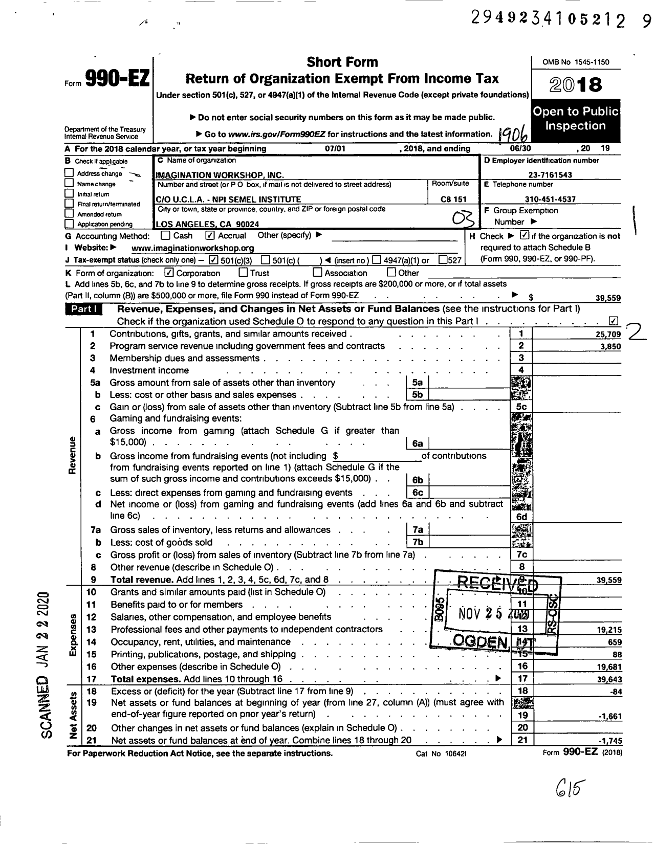 Image of first page of 2018 Form 990EZ for Imagination Workshop